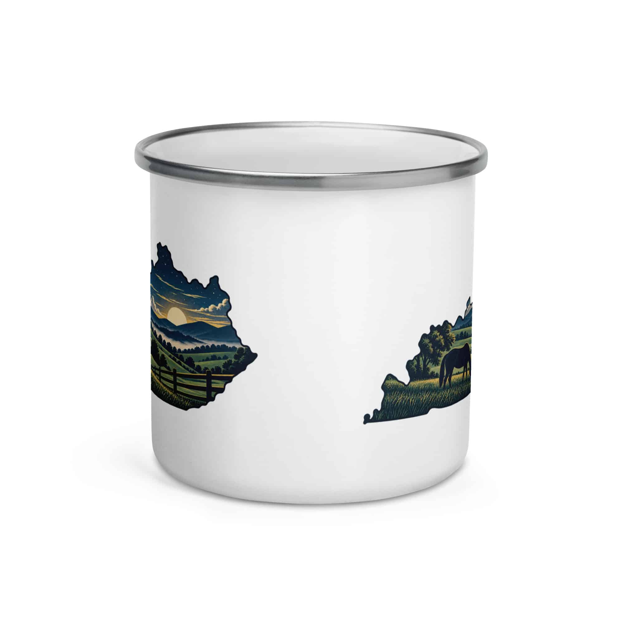 Kentucky Enamel Camp Mug: Rolling pasture and horse silhouette, Illustrated Kentucky Silhouette