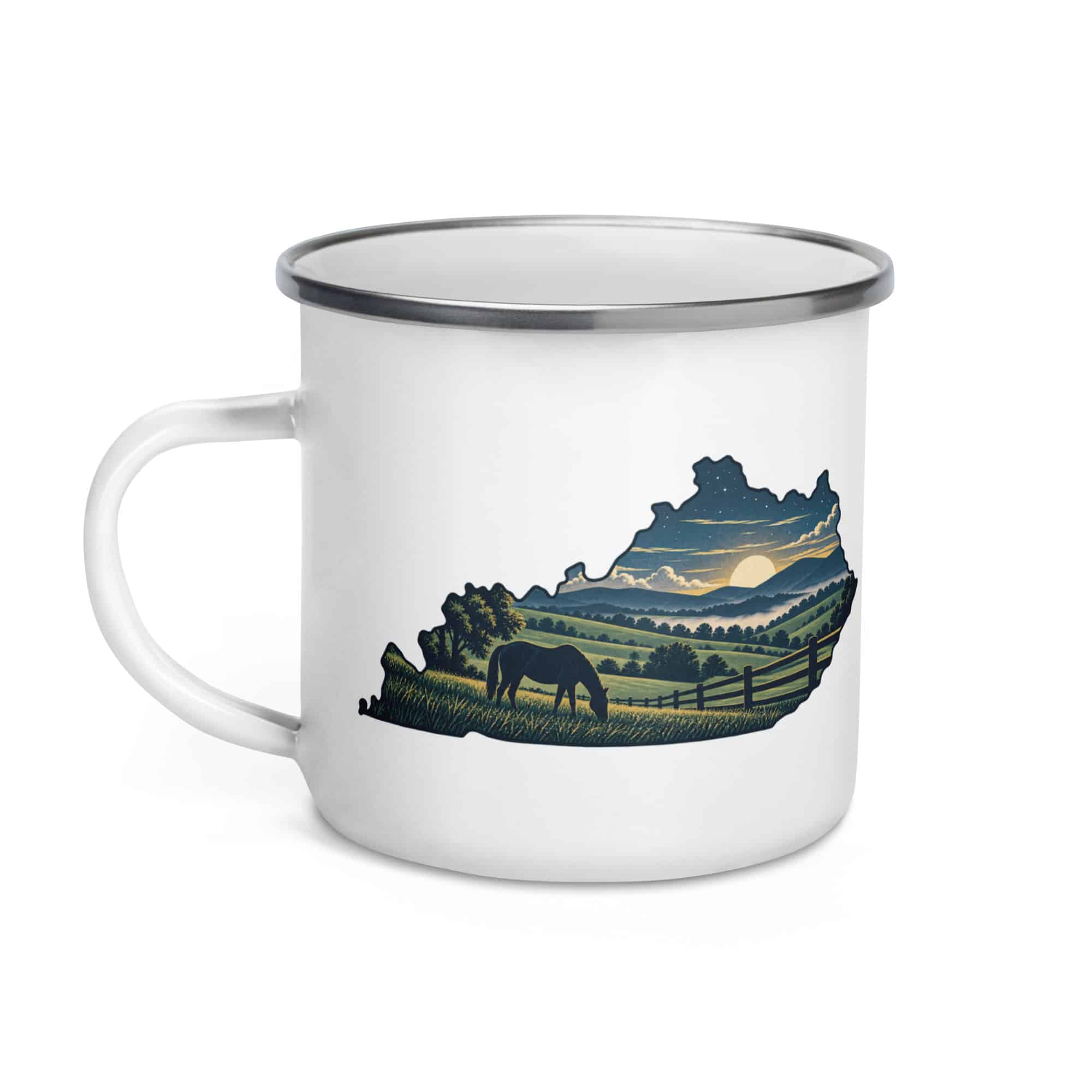 Kentucky Enamel Camp Mug: Rolling pasture and horse silhouette, Illustrated Kentucky Silhouette