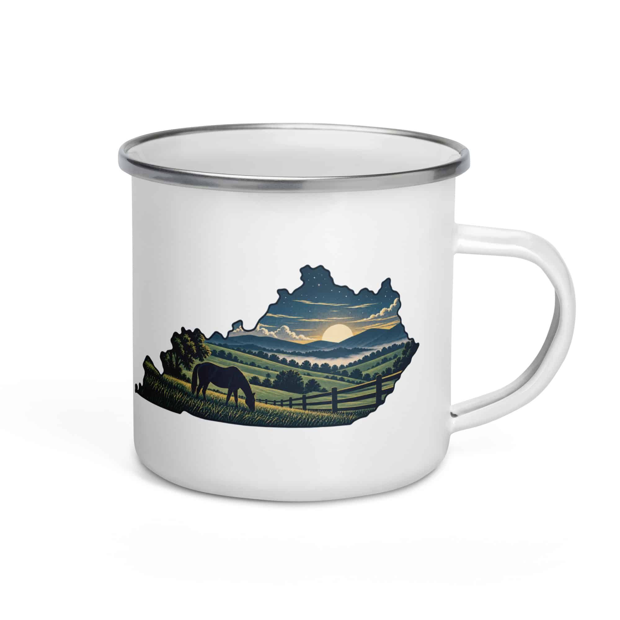 Kentucky Enamel Camp Mug: Rolling pasture and horse silhouette, Illustrated Kentucky Silhouette