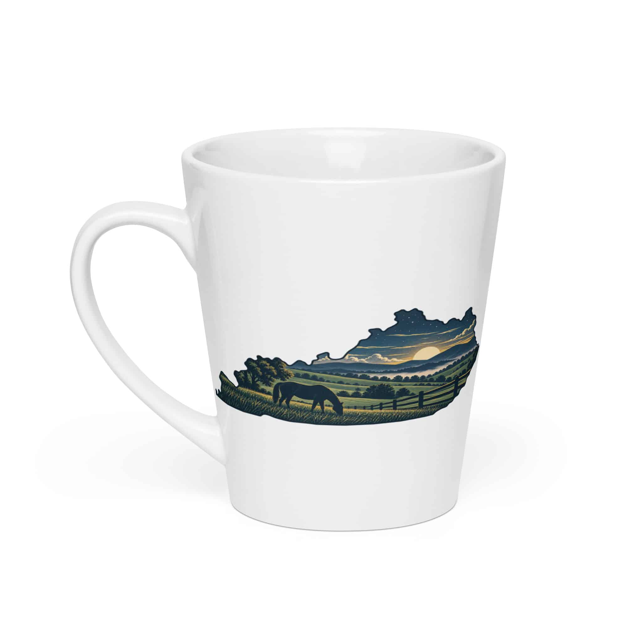 Kentucky Latte Mug: Rolling pasture and horse silhouette, Illustrated Kentucky Silhouette