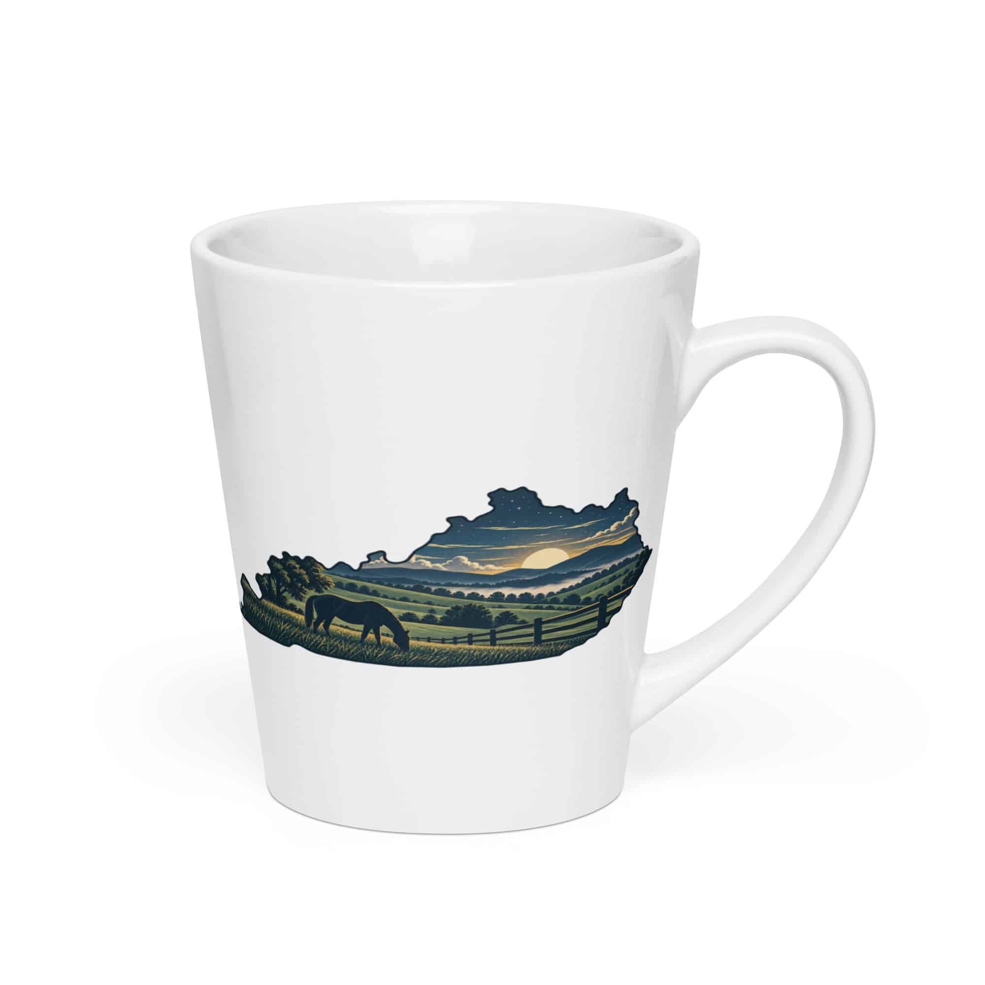 Kentucky Latte Mug: Rolling pasture and horse silhouette, Illustrated Kentucky Silhouette