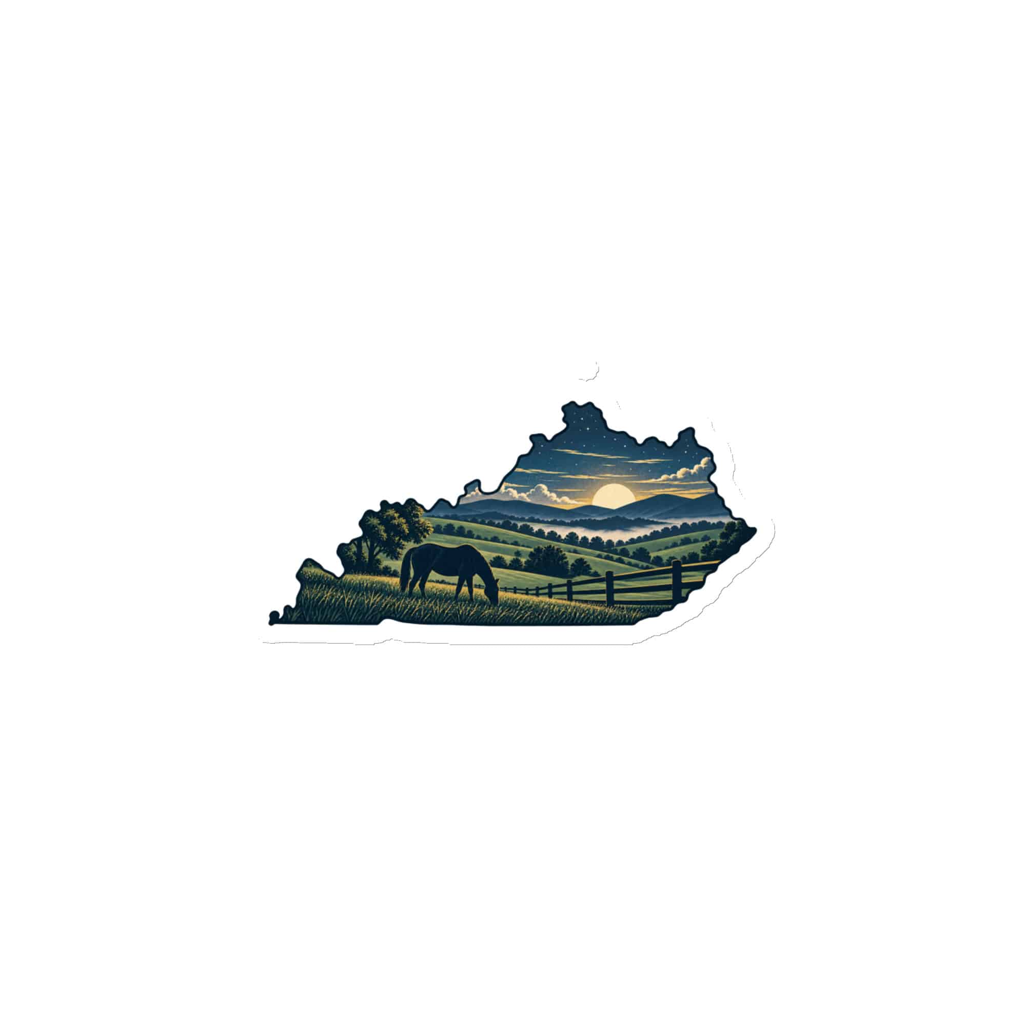 Kentucky Die-Cut Magnet: Rolling pasture and horse silhouette, Illustrated Kentucky Silhouette