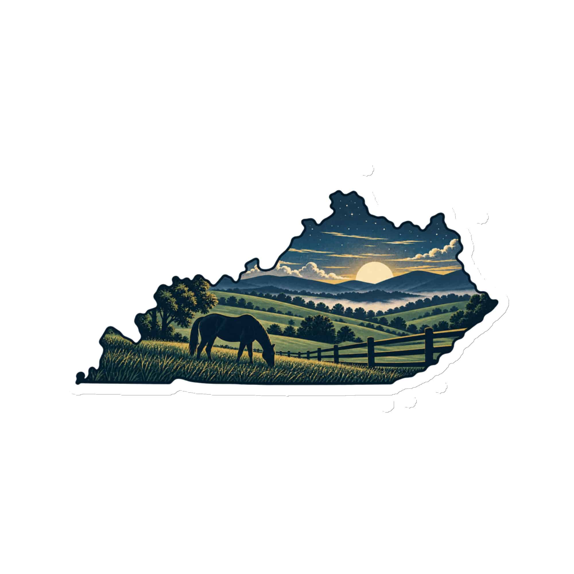 Kentucky Die-Cut Magnet: Rolling pasture and horse silhouette, Illustrated Kentucky Silhouette