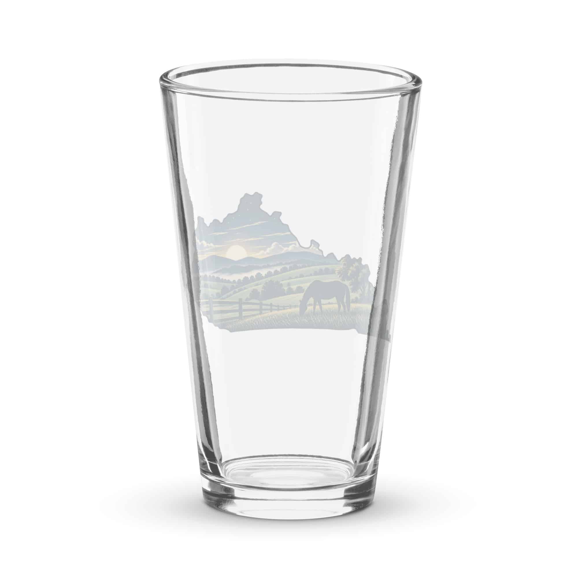Kentucky Pint Glass: Rolling pasture and horse silhouette, Illustrated Kentucky Silhouette