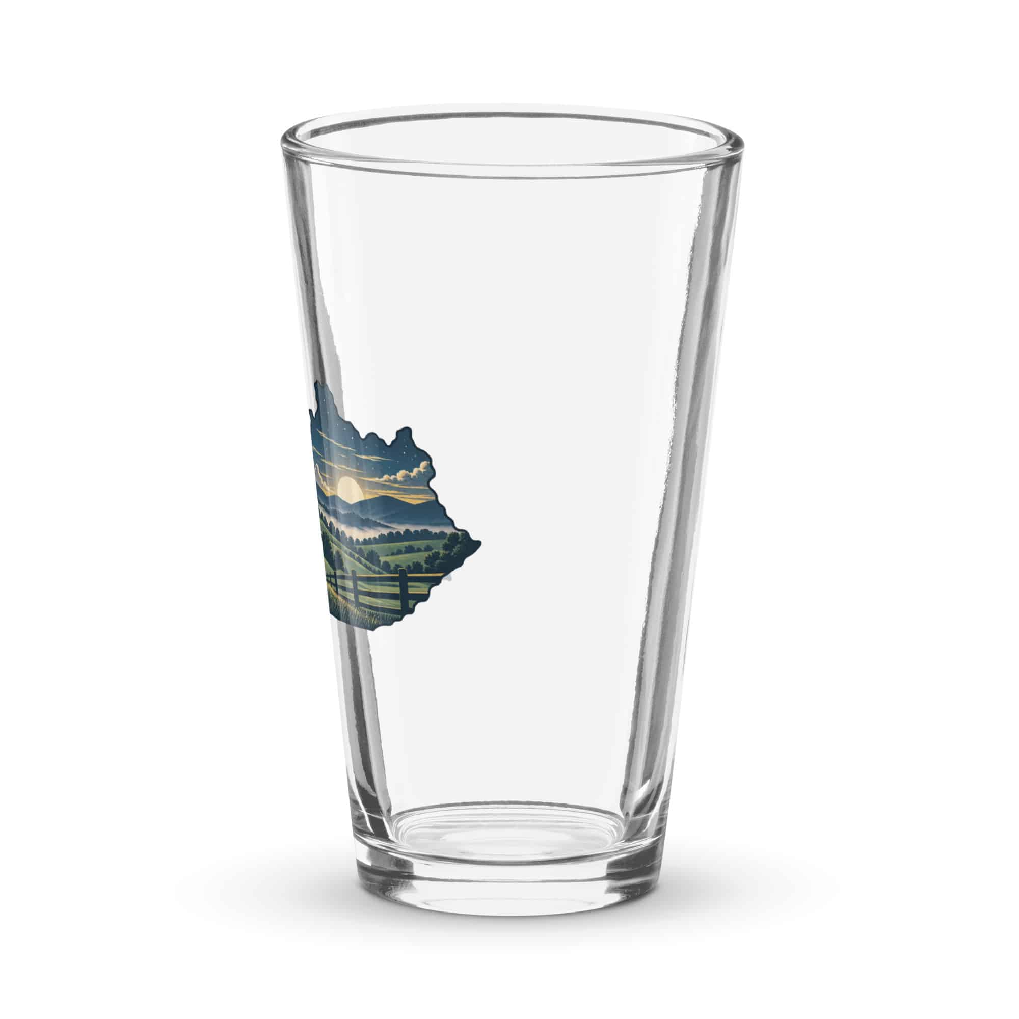 Kentucky Pint Glass: Rolling pasture and horse silhouette, Illustrated Kentucky Silhouette