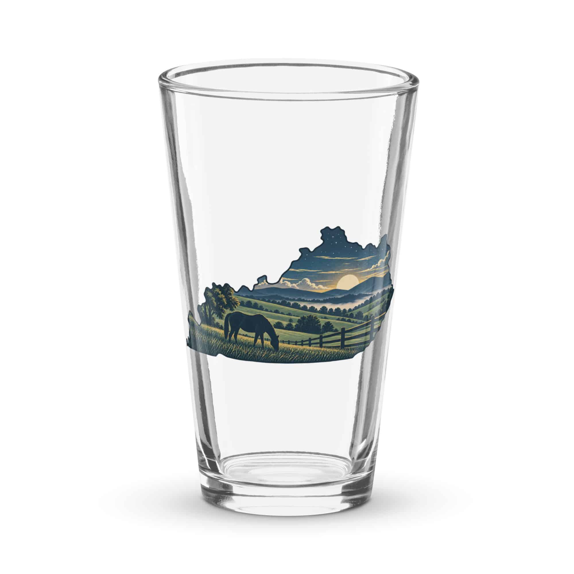 Kentucky Pint Glass: Rolling pasture and horse silhouette, Illustrated Kentucky Silhouette