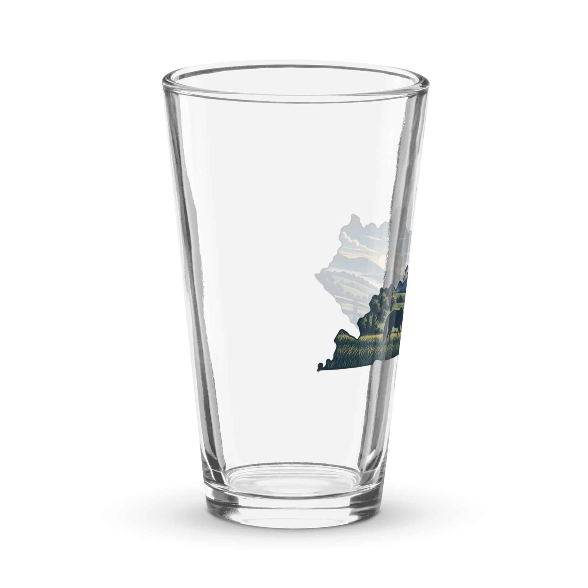 Kentucky Pint Glass: Rolling pasture and horse silhouette, Illustrated Kentucky Silhouette