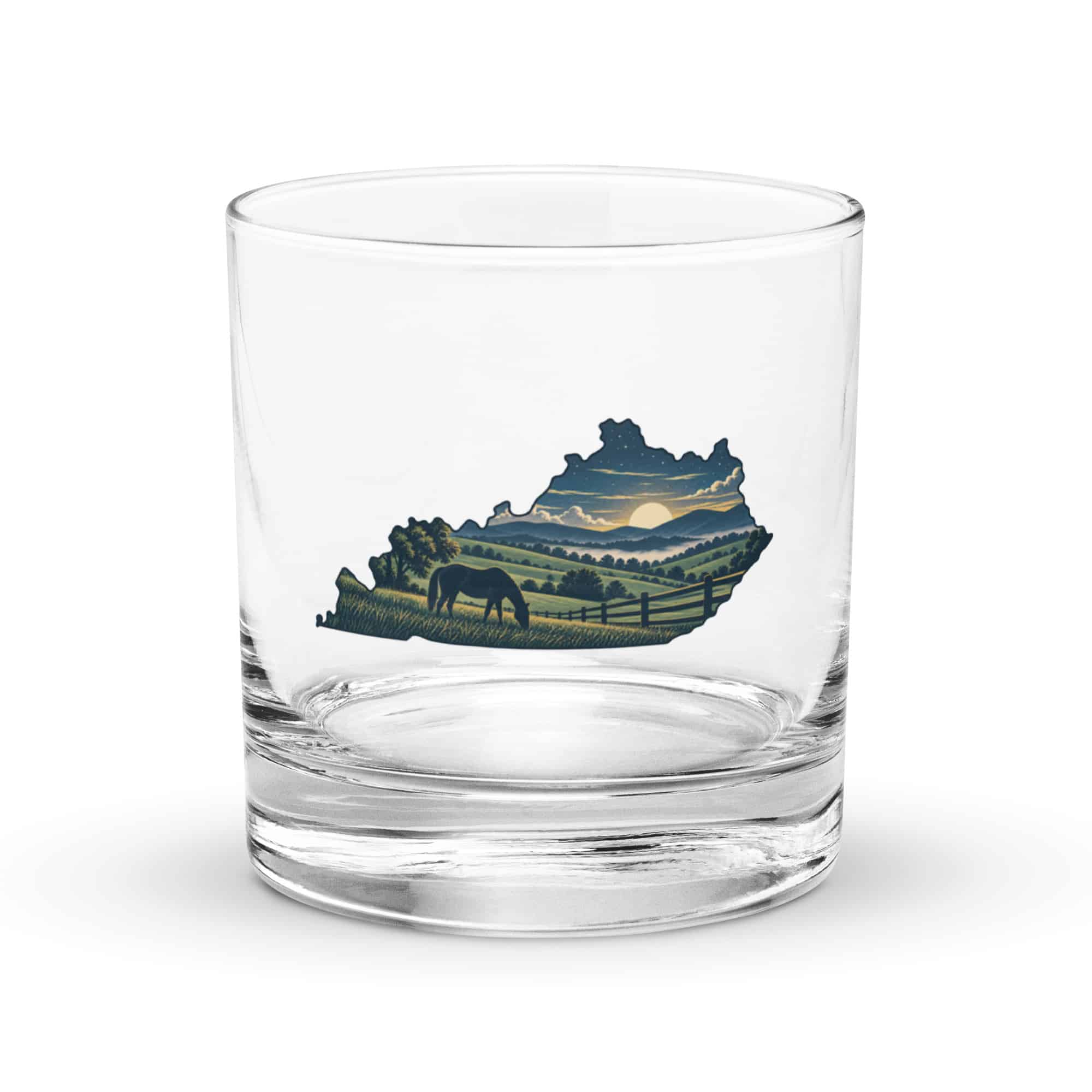 Kentucky Rocks Glass: Rolling pasture and horse silhouette, Illustrated Kentucky Silhouette