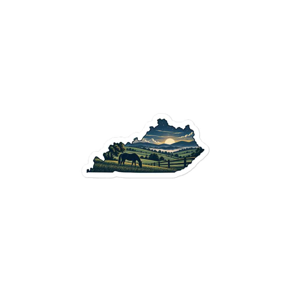 Kentucky Vinyl Sticker: Rolling pasture and horse silhouette, Illustrated Kentucky Silhouette