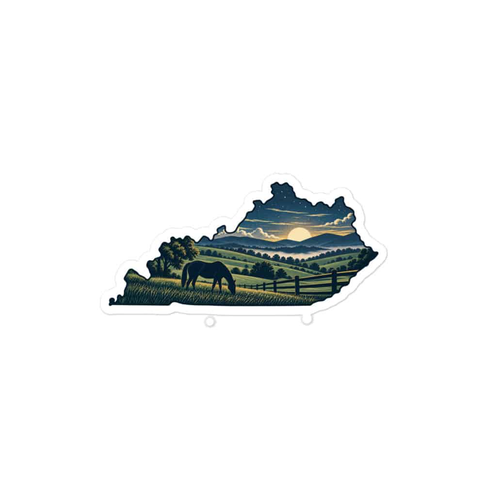 Kentucky Vinyl Sticker: Rolling pasture and horse silhouette, Illustrated Kentucky Silhouette