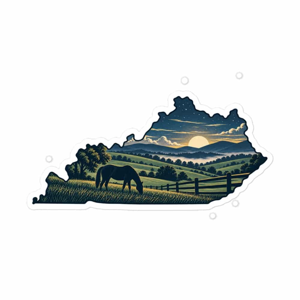 Kentucky Vinyl Sticker: Rolling pasture and horse silhouette, Illustrated Kentucky Silhouette