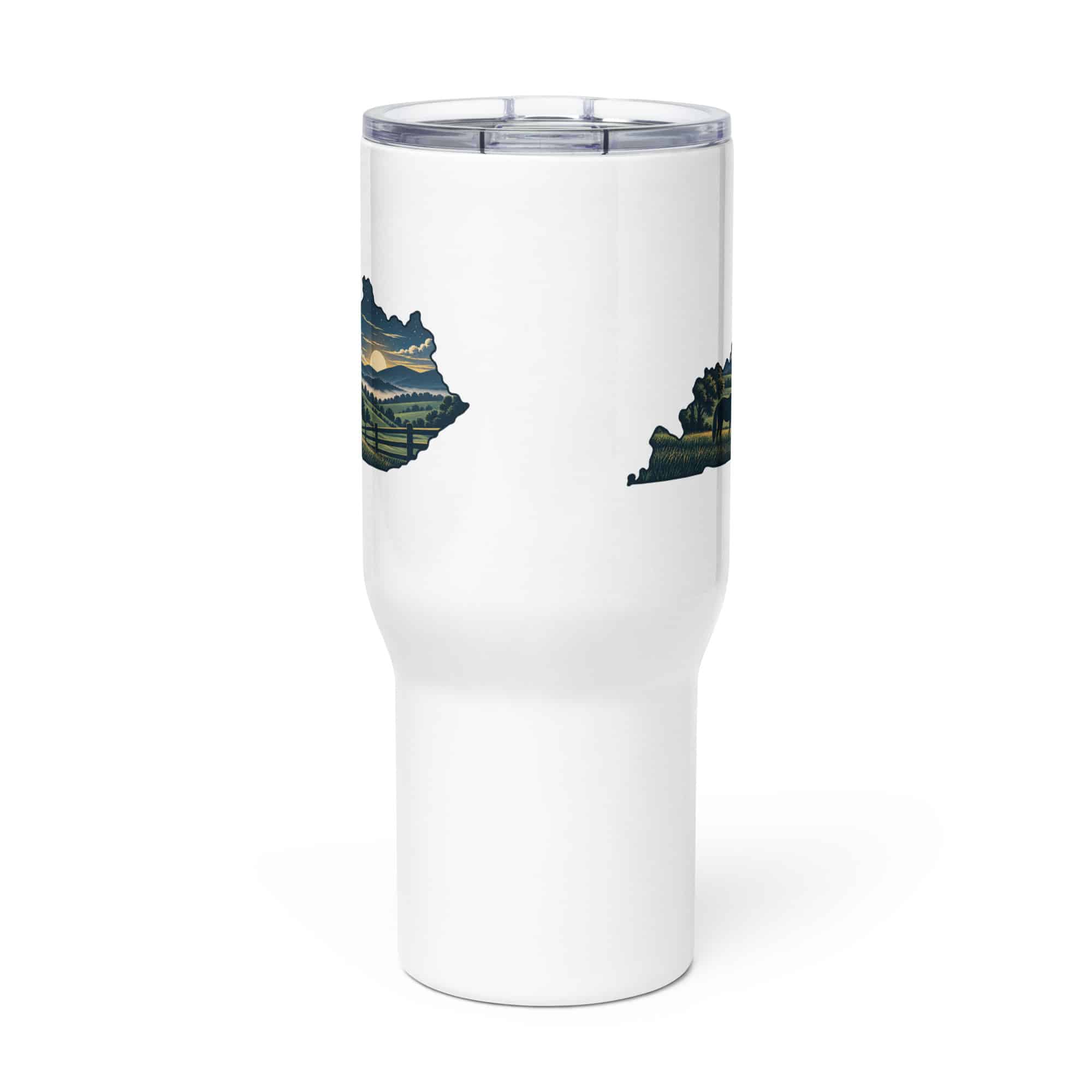 Kentucky Travel Mug: Rolling pasture and horse silhouette, Illustrated Kentucky Silhouette