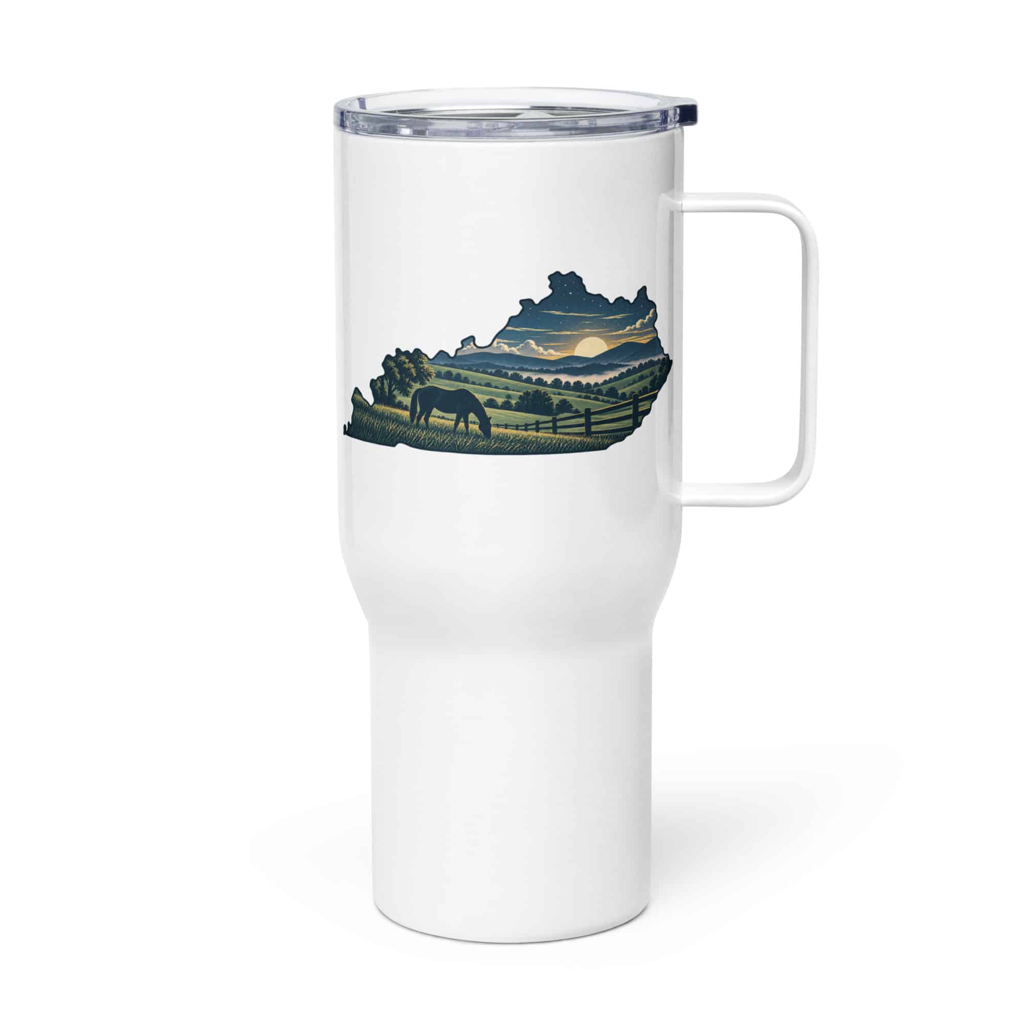 Kentucky Travel Mug: Rolling pasture and horse silhouette, Illustrated Kentucky Silhouette