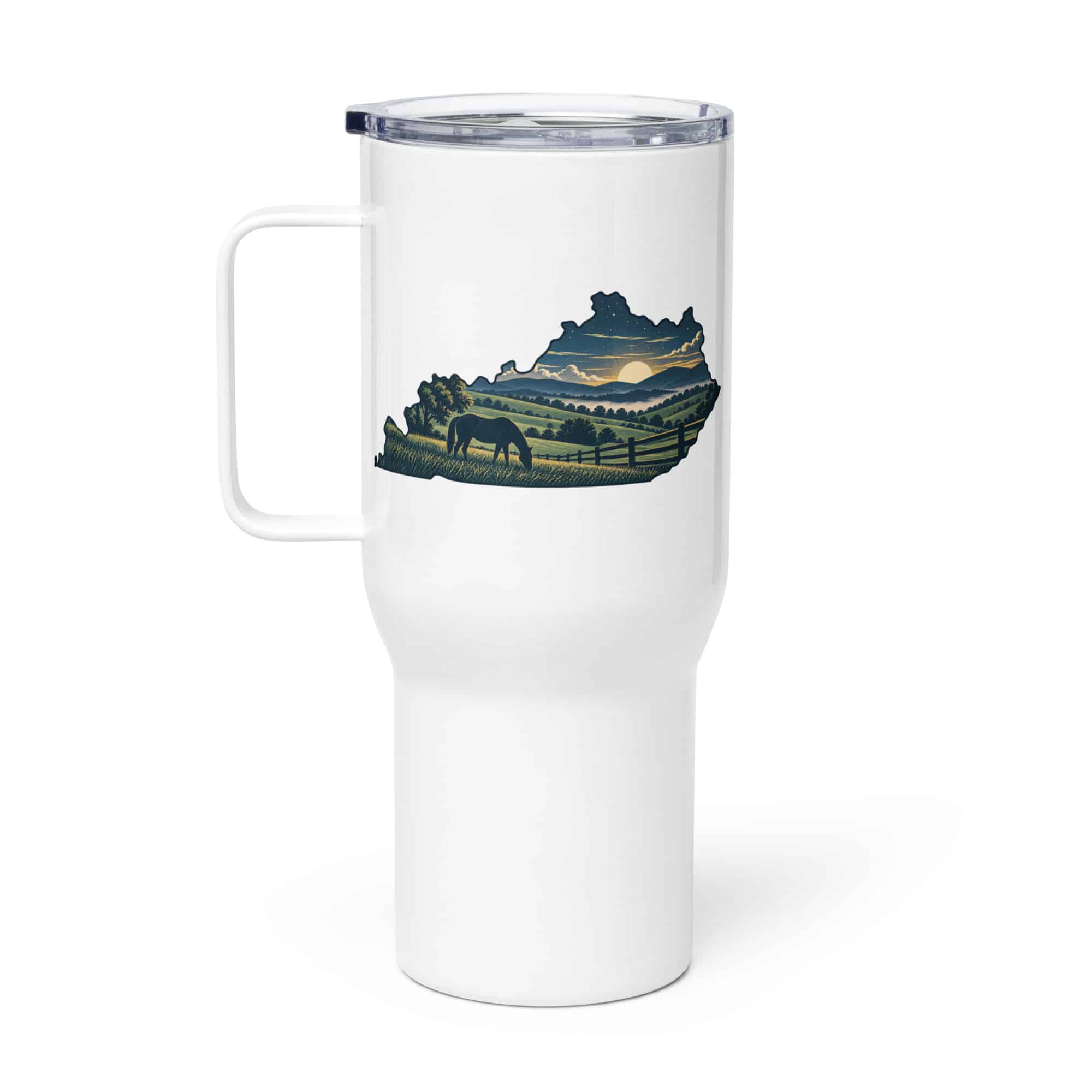 Kentucky Travel Mug: Rolling pasture and horse silhouette, Illustrated Kentucky Silhouette