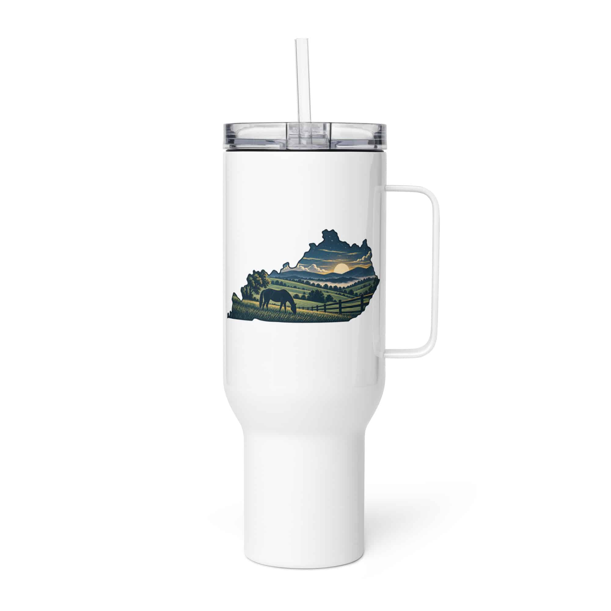 Kentucky Travel Mug: Rolling pasture and horse silhouette, Illustrated Kentucky Silhouette