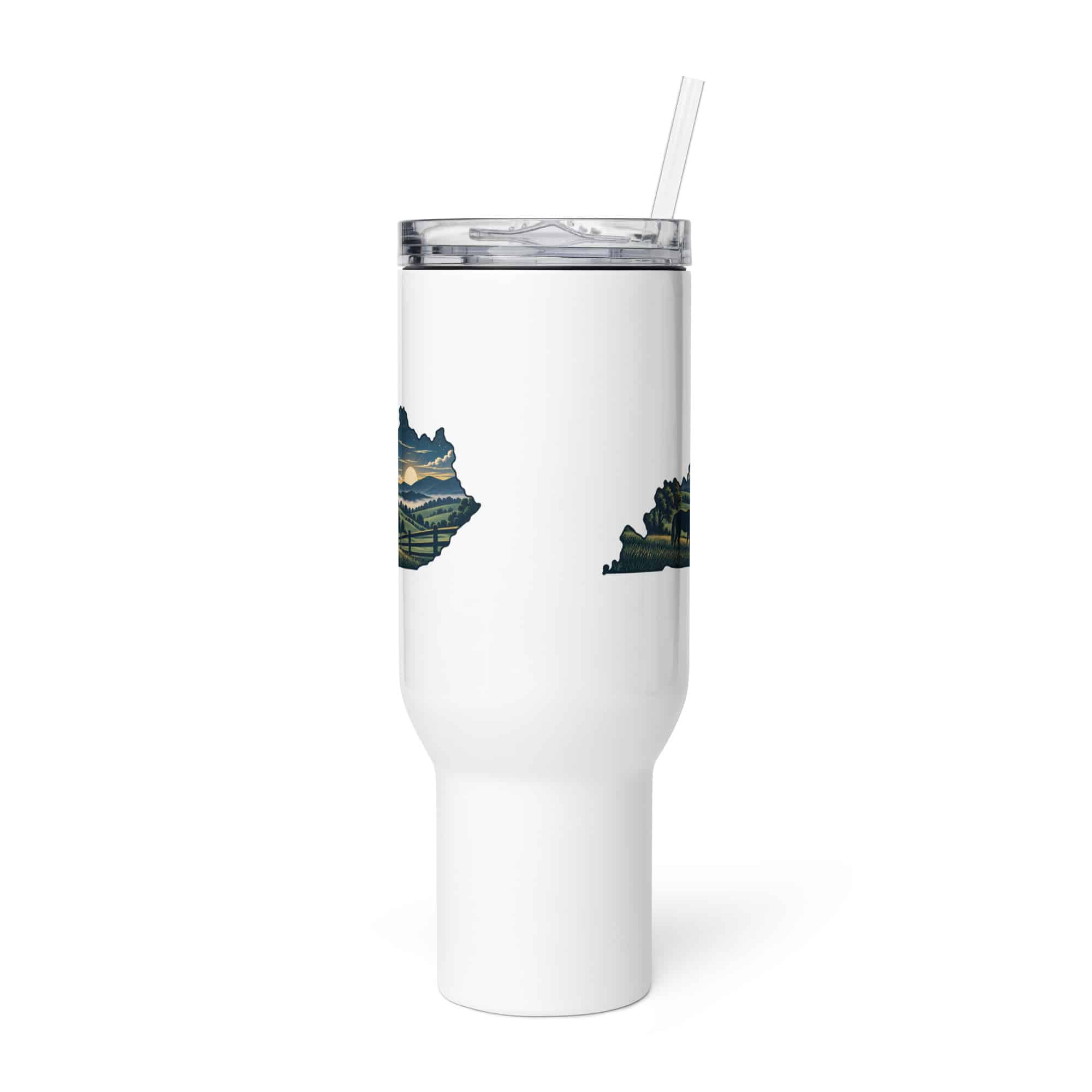 Kentucky Travel Mug: Rolling pasture and horse silhouette, Illustrated Kentucky Silhouette