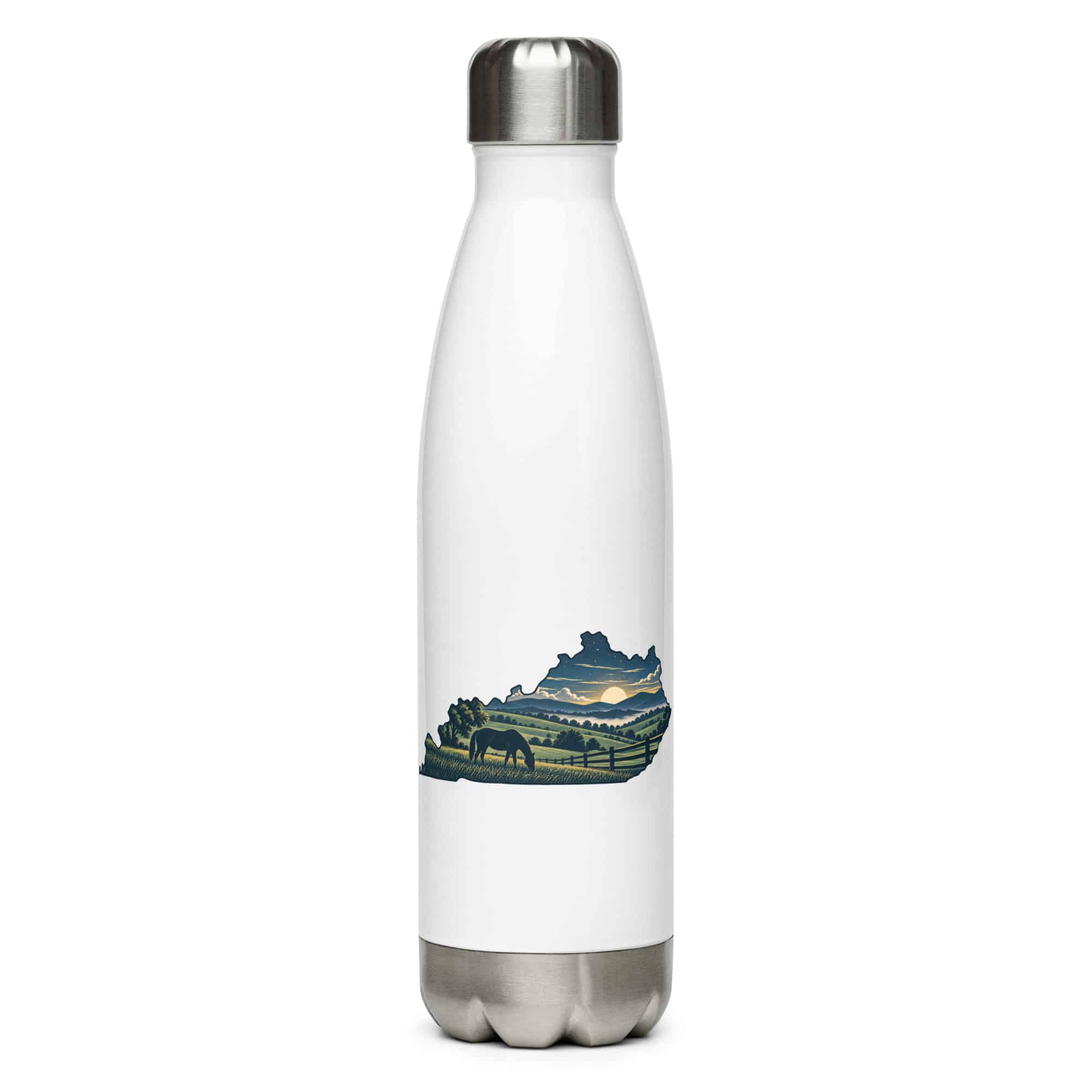 Kentucky Stainless Steel Water Bottle: Rolling pasture and horse silhouette, Illustrated Kentucky Silhouette