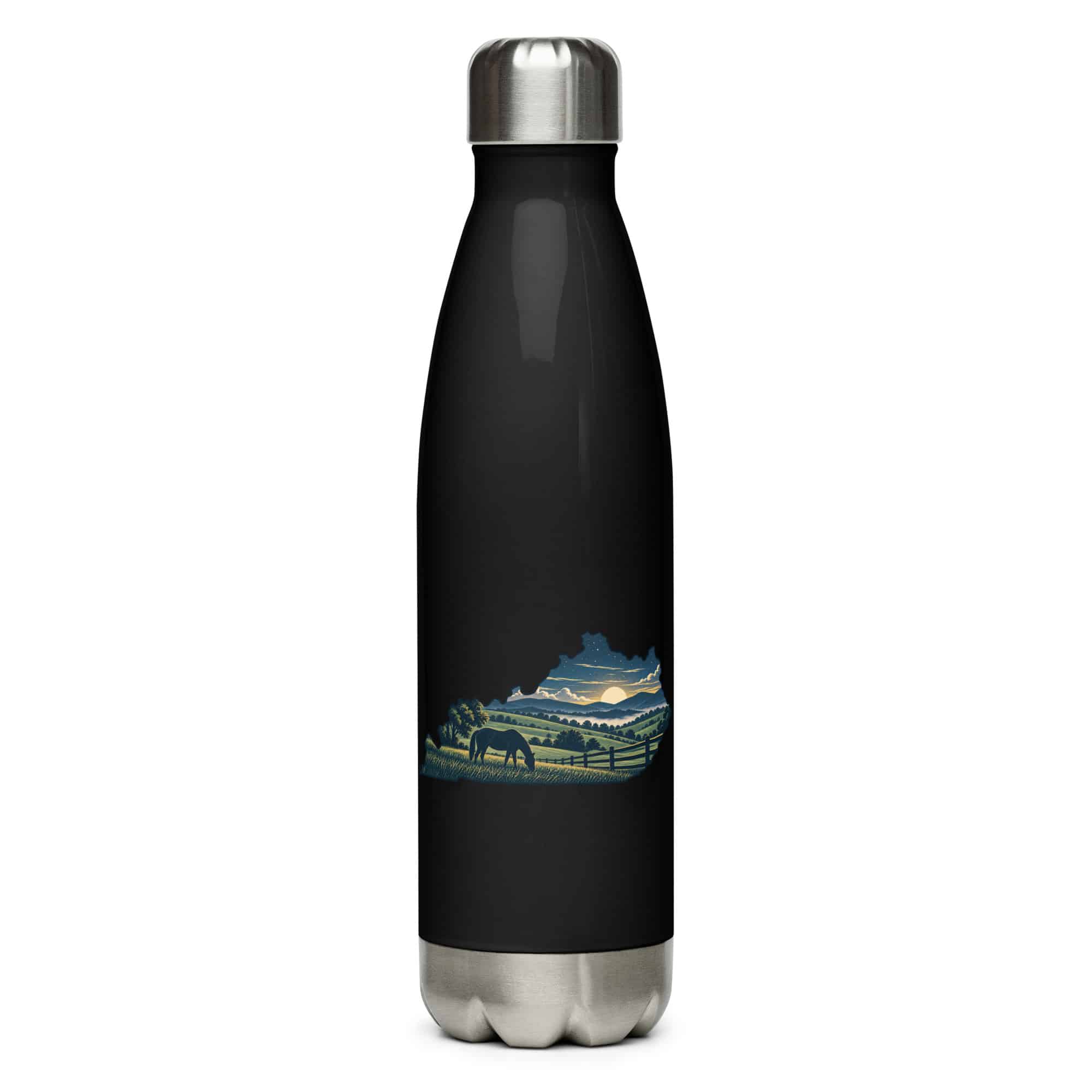 Kentucky Stainless Steel Water Bottle: Rolling pasture and horse silhouette, Illustrated Kentucky Silhouette