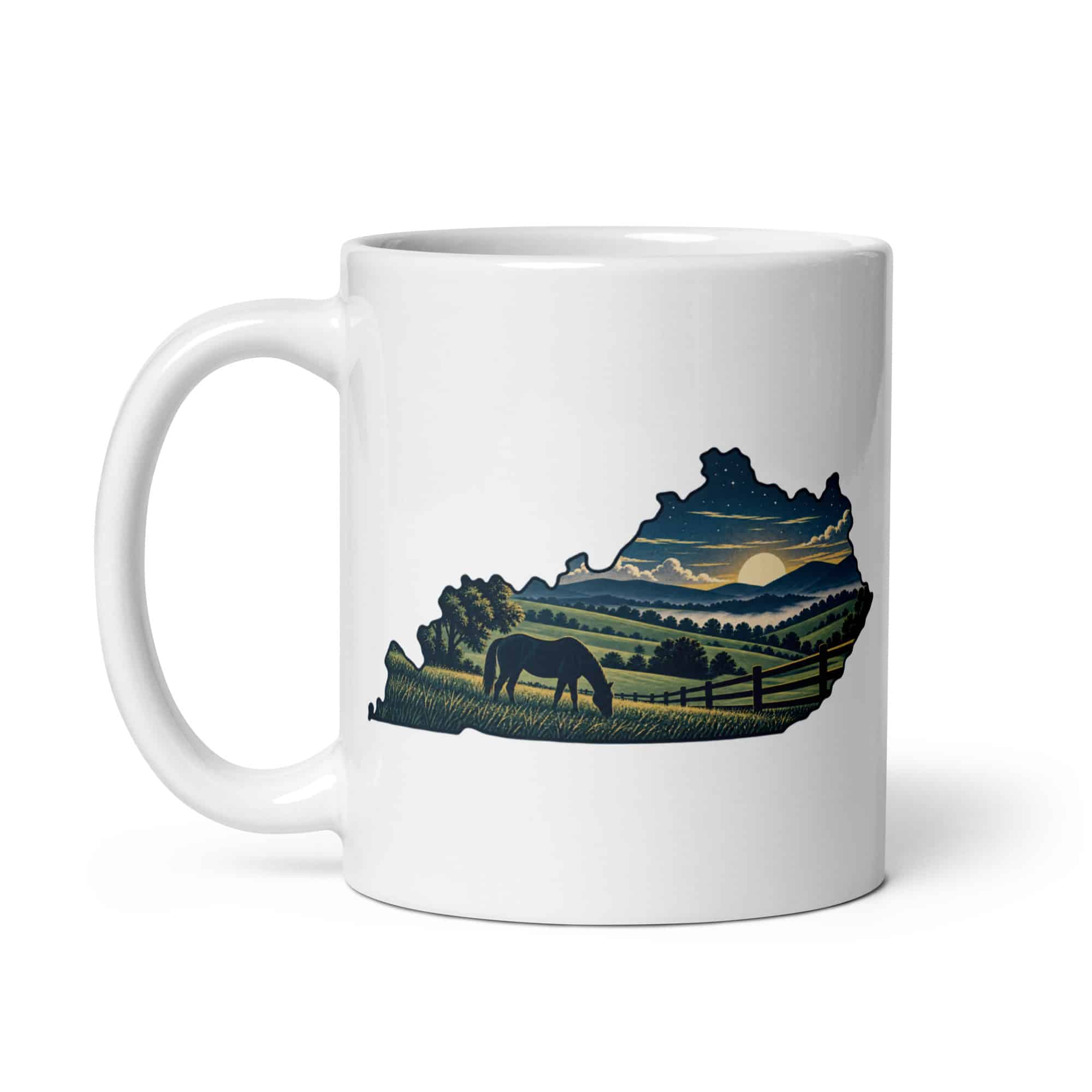 Kentucky White Ceramic Coffee Mug: Rolling pasture and horse silhouette, Illustrated Kentucky Silhouette