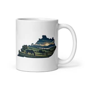 Kentucky White Ceramic Coffee Mug: Rolling pasture and horse silhouette, Illustrated Kentucky Silhouette - 11 oz - Main