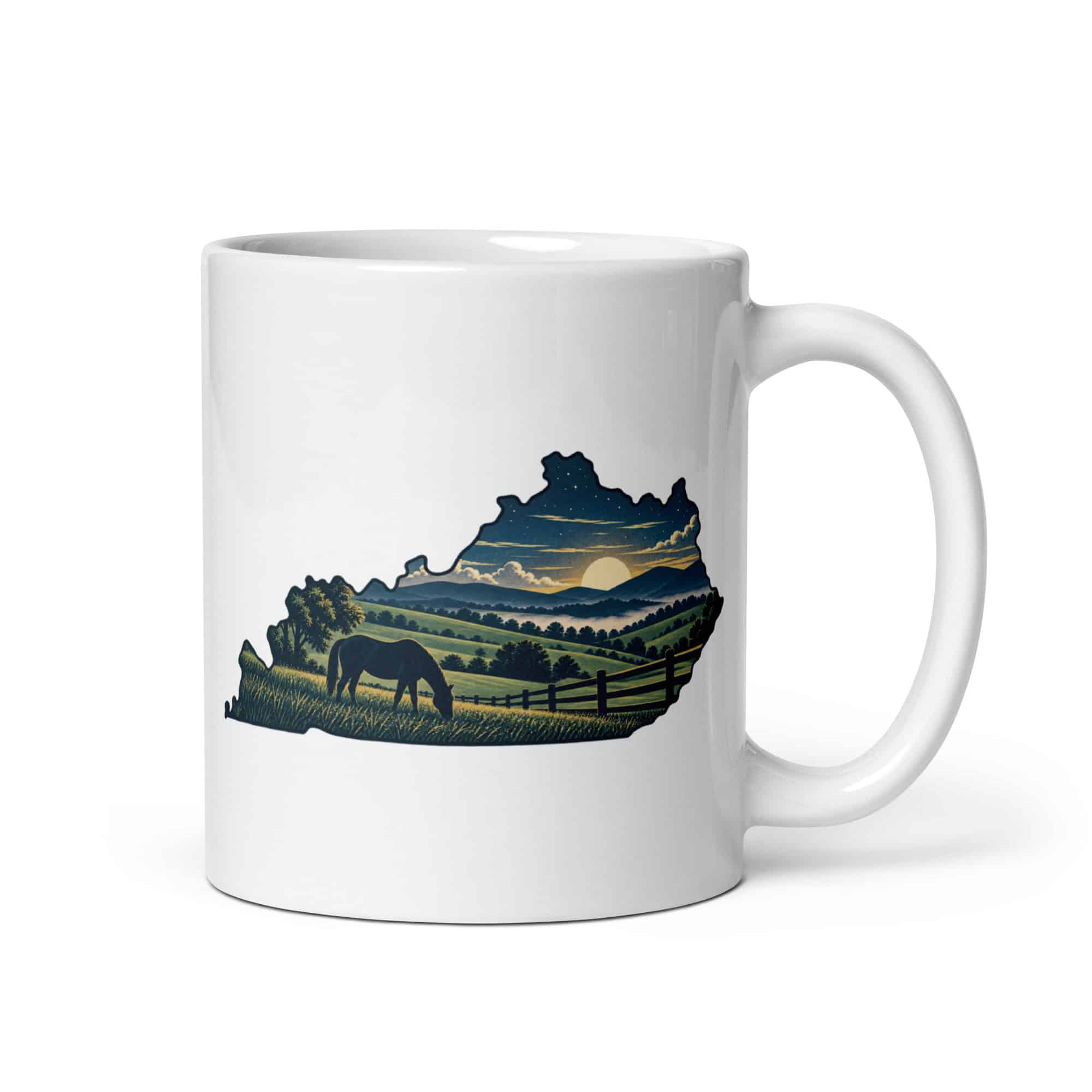 Kentucky White Ceramic Coffee Mug: Rolling pasture and horse silhouette, Illustrated Kentucky Silhouette