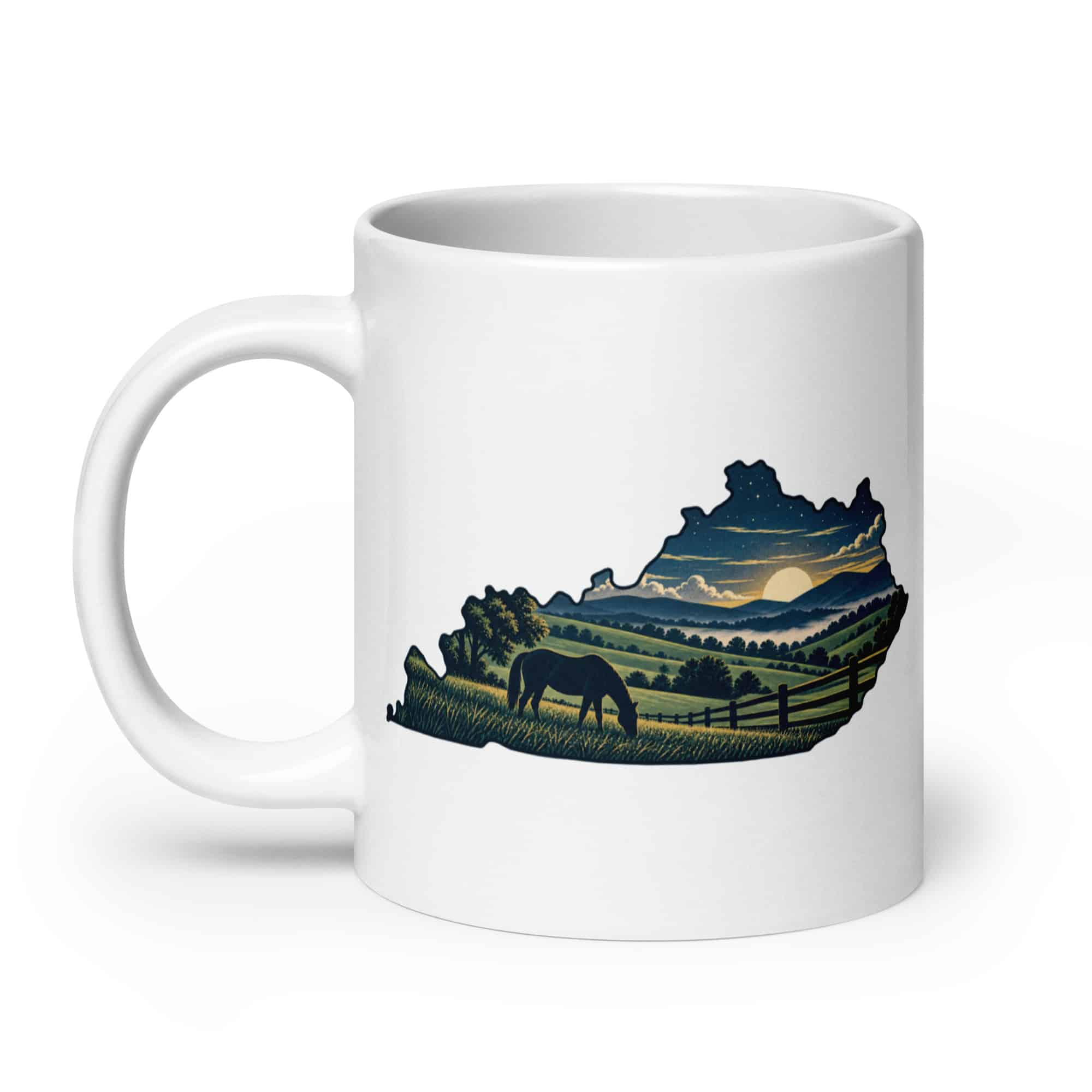Kentucky White Ceramic Coffee Mug: Rolling pasture and horse silhouette, Illustrated Kentucky Silhouette
