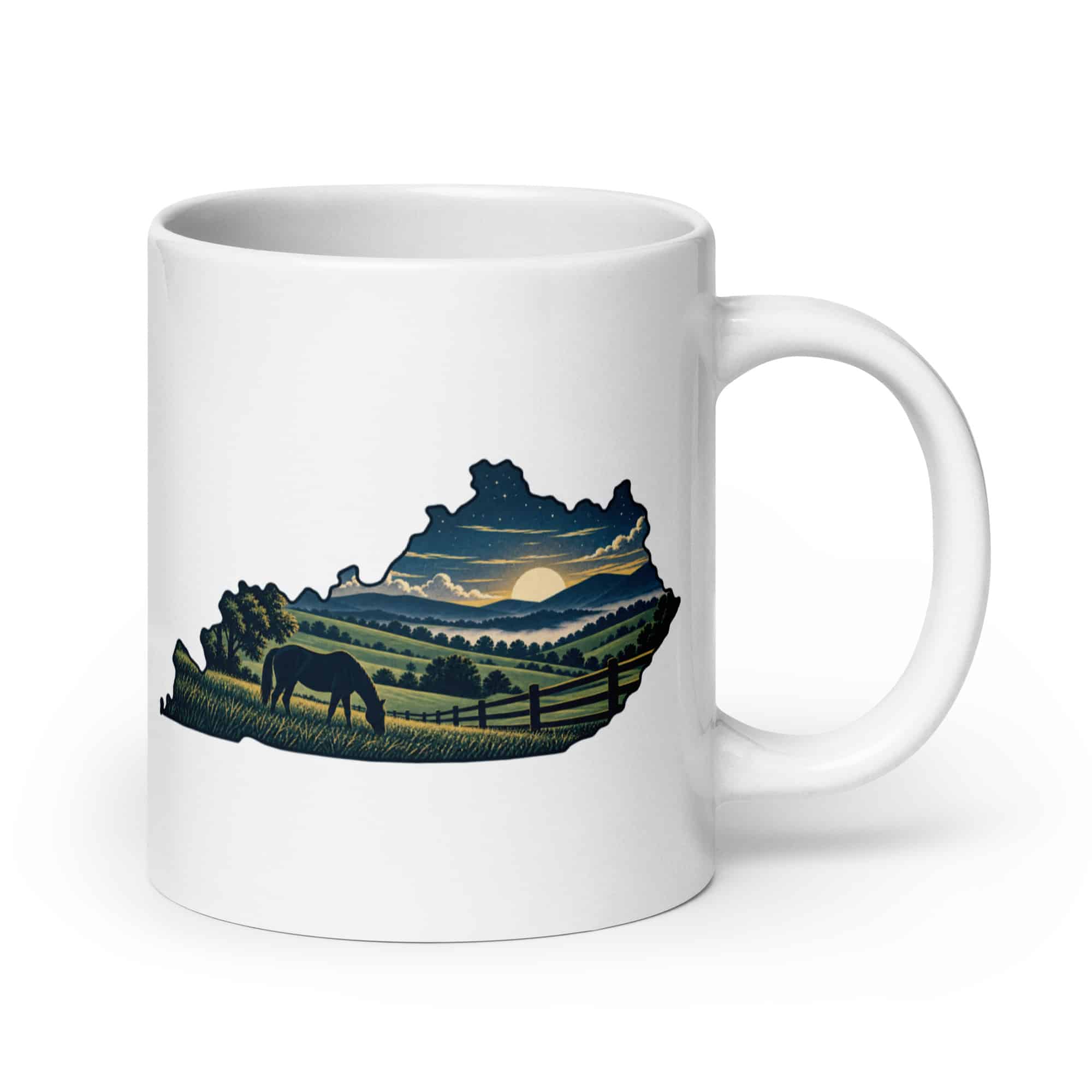 Kentucky White Ceramic Coffee Mug: Rolling pasture and horse silhouette, Illustrated Kentucky Silhouette