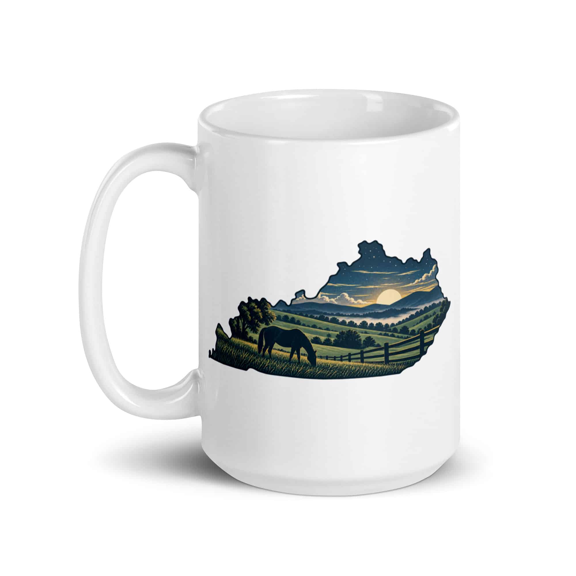 Kentucky White Ceramic Coffee Mug: Rolling pasture and horse silhouette, Illustrated Kentucky Silhouette