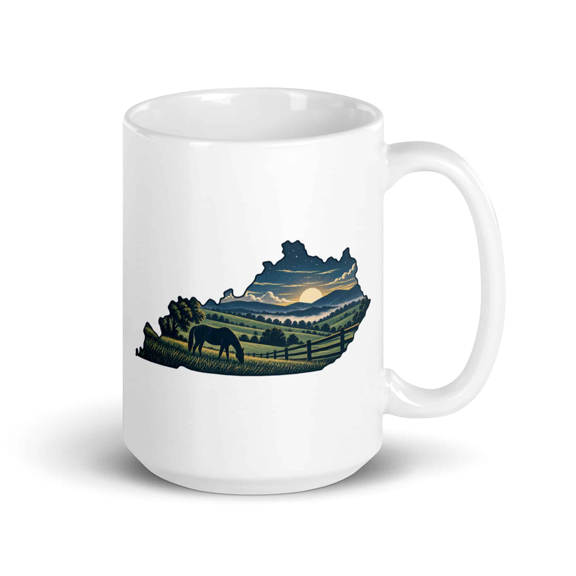 Kentucky White Ceramic Coffee Mug: Rolling pasture and horse silhouette, Illustrated Kentucky Silhouette