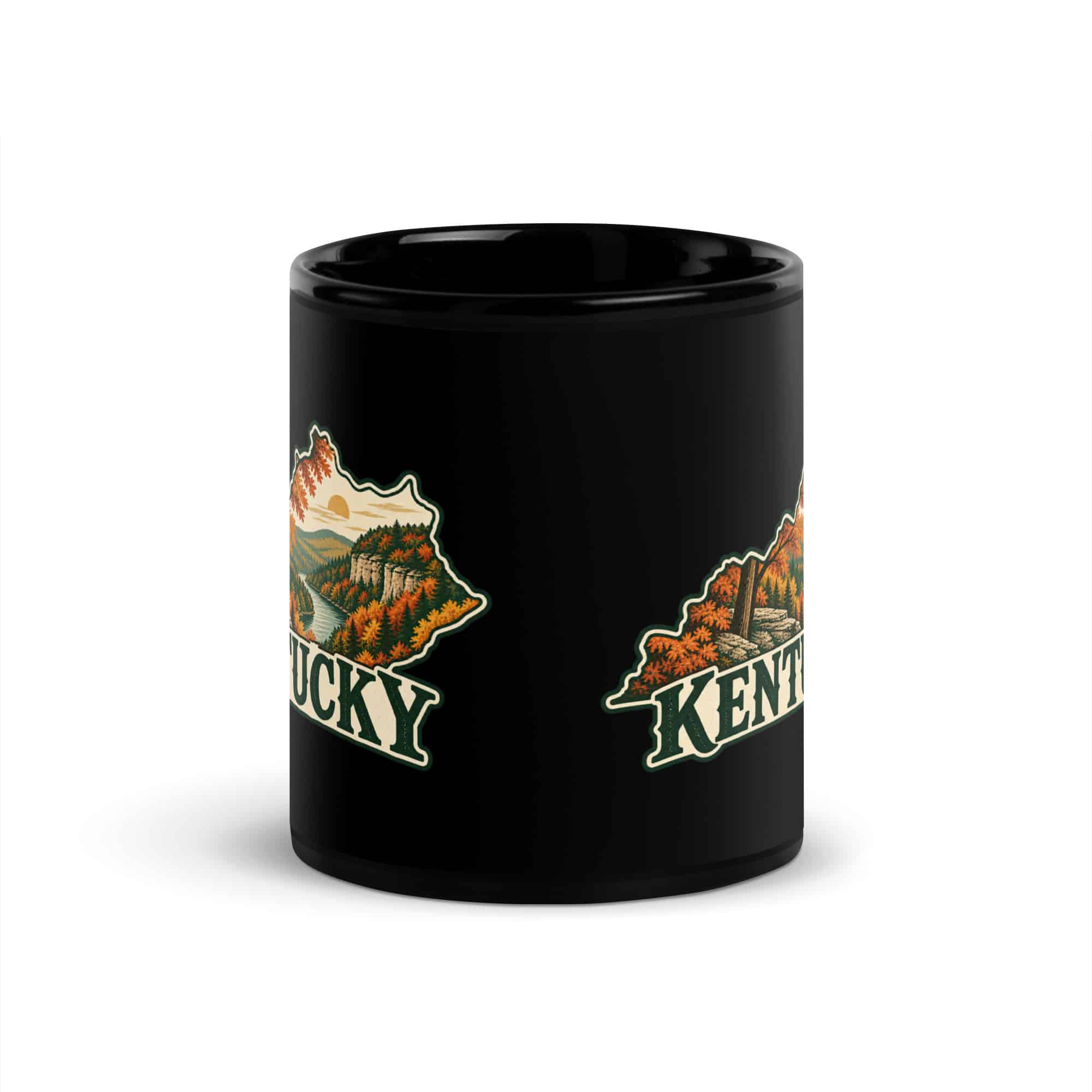Kentucky Black Coffee Mug: Autumn woodland, Vintage Kentucky Silhouette