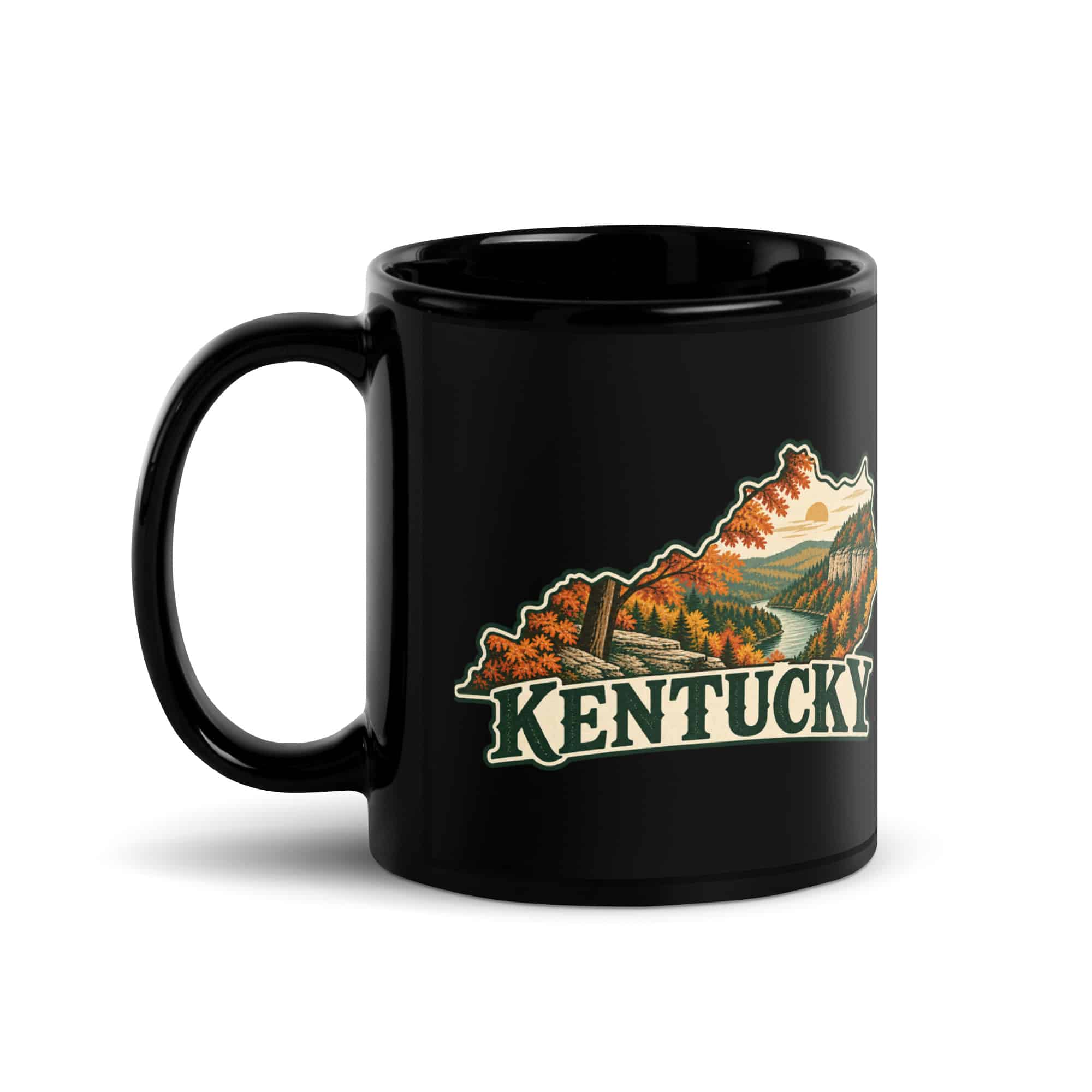 Kentucky Black Coffee Mug: Autumn woodland, Vintage Kentucky Silhouette