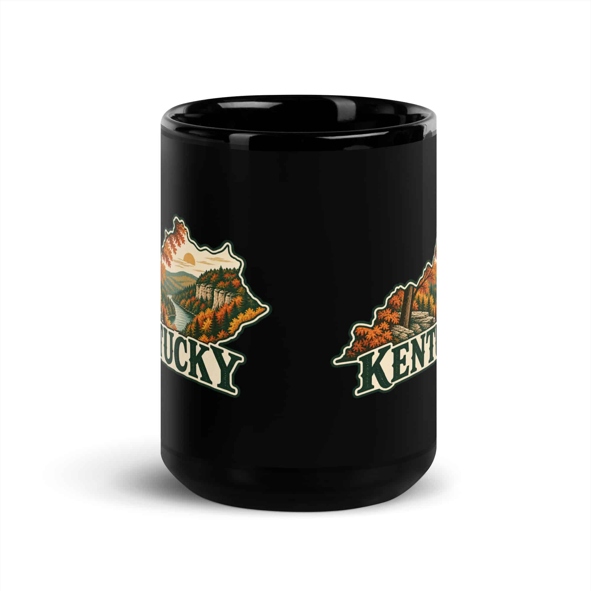 Kentucky Black Coffee Mug: Autumn woodland, Vintage Kentucky Silhouette