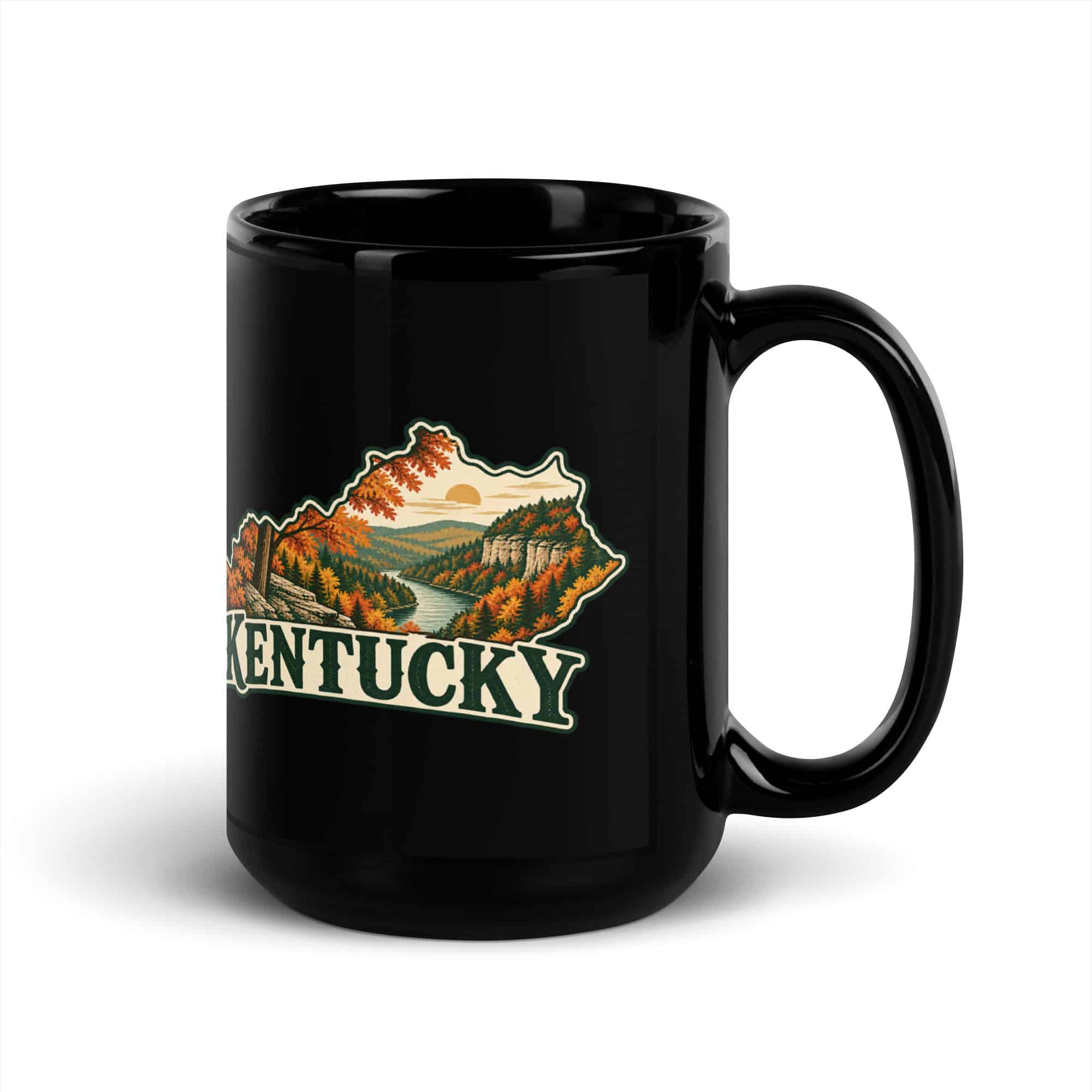 Kentucky Black Coffee Mug: Autumn woodland, Vintage Kentucky Silhouette