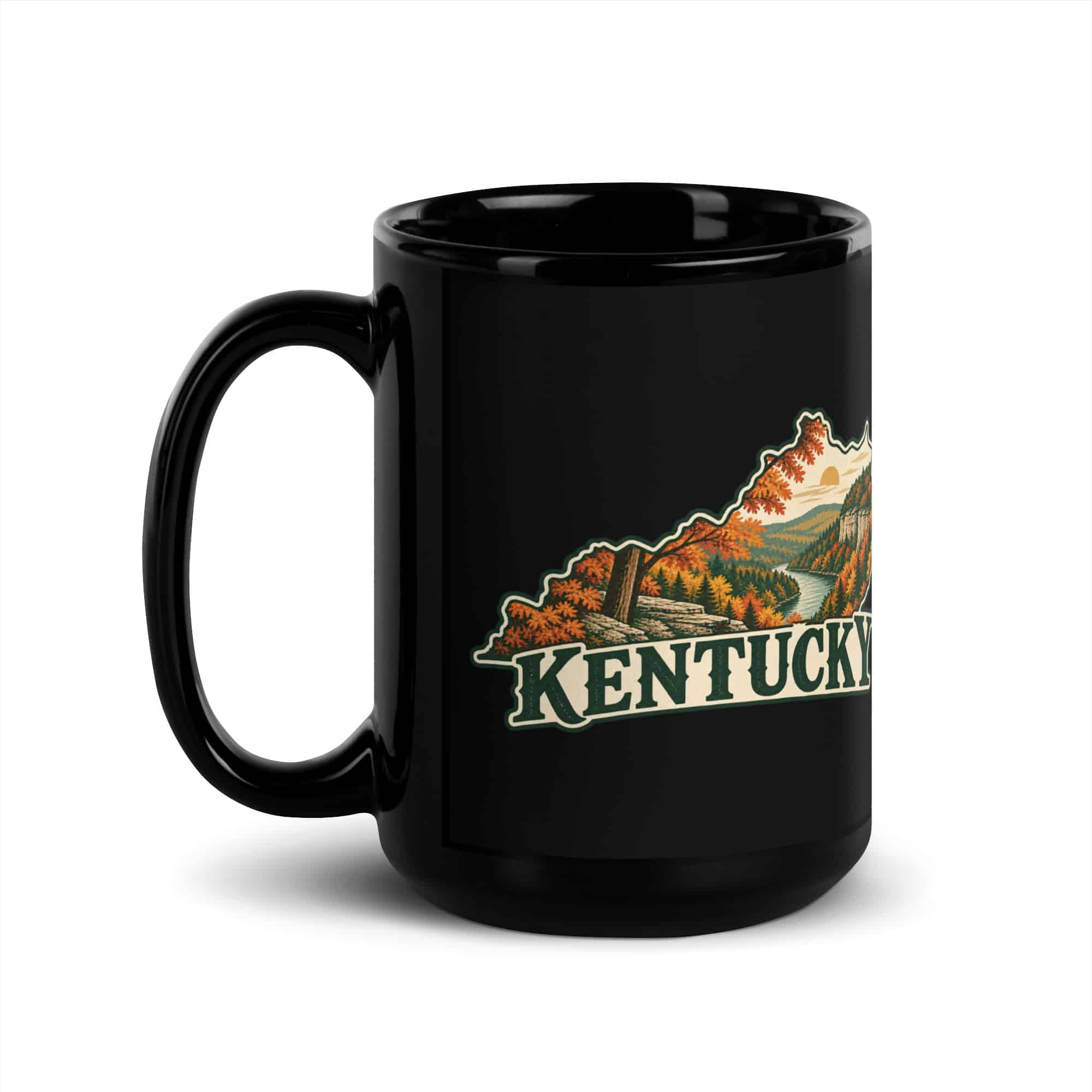 Kentucky Black Coffee Mug: Autumn woodland, Vintage Kentucky Silhouette
