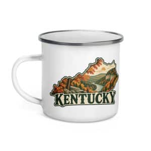 Kentucky Enamel Camp Mug: Autumn woodland, Vintage Kentucky Silhouette - 12 oz - Left