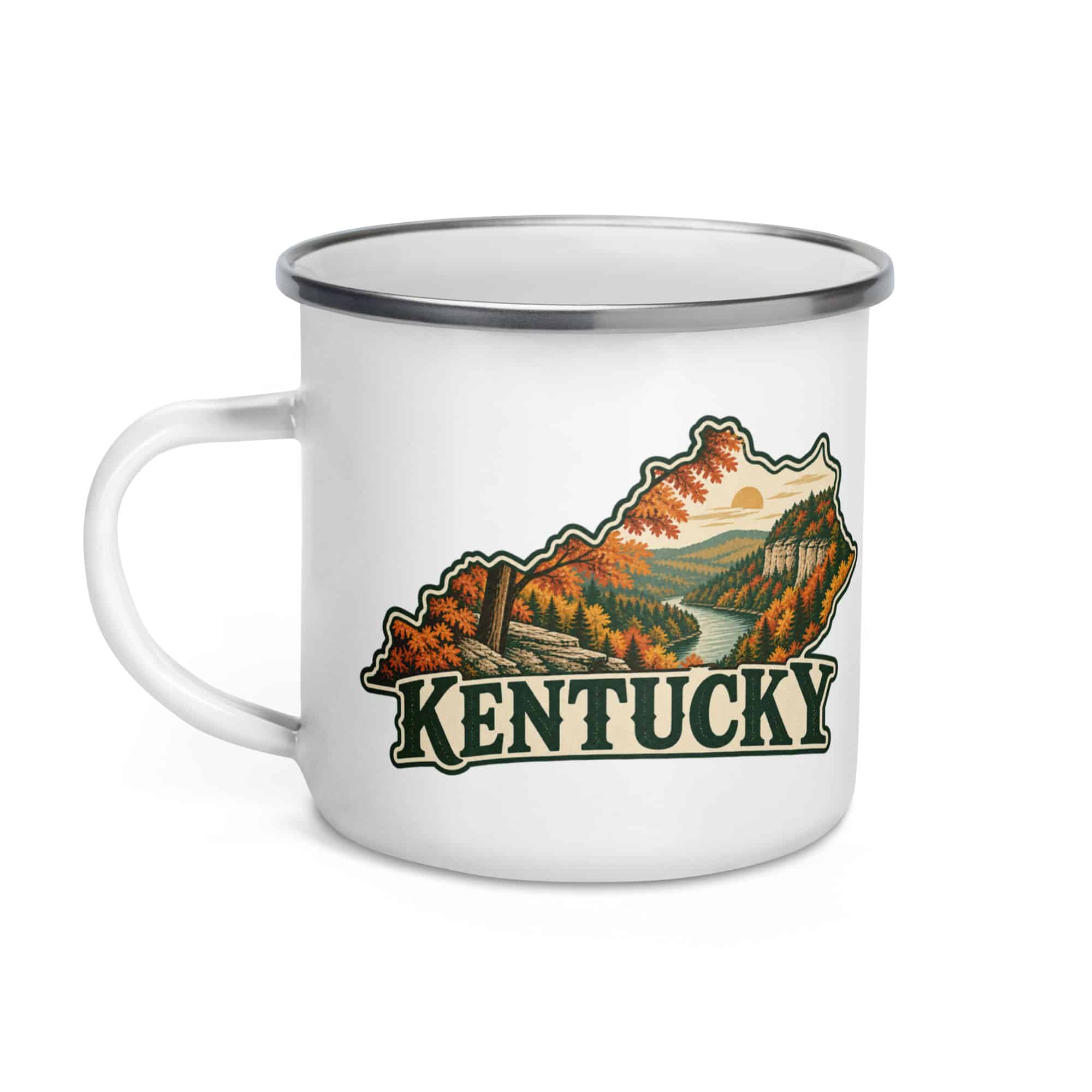 Kentucky Enamel Camp Mug: Autumn woodland, Vintage Kentucky Silhouette
