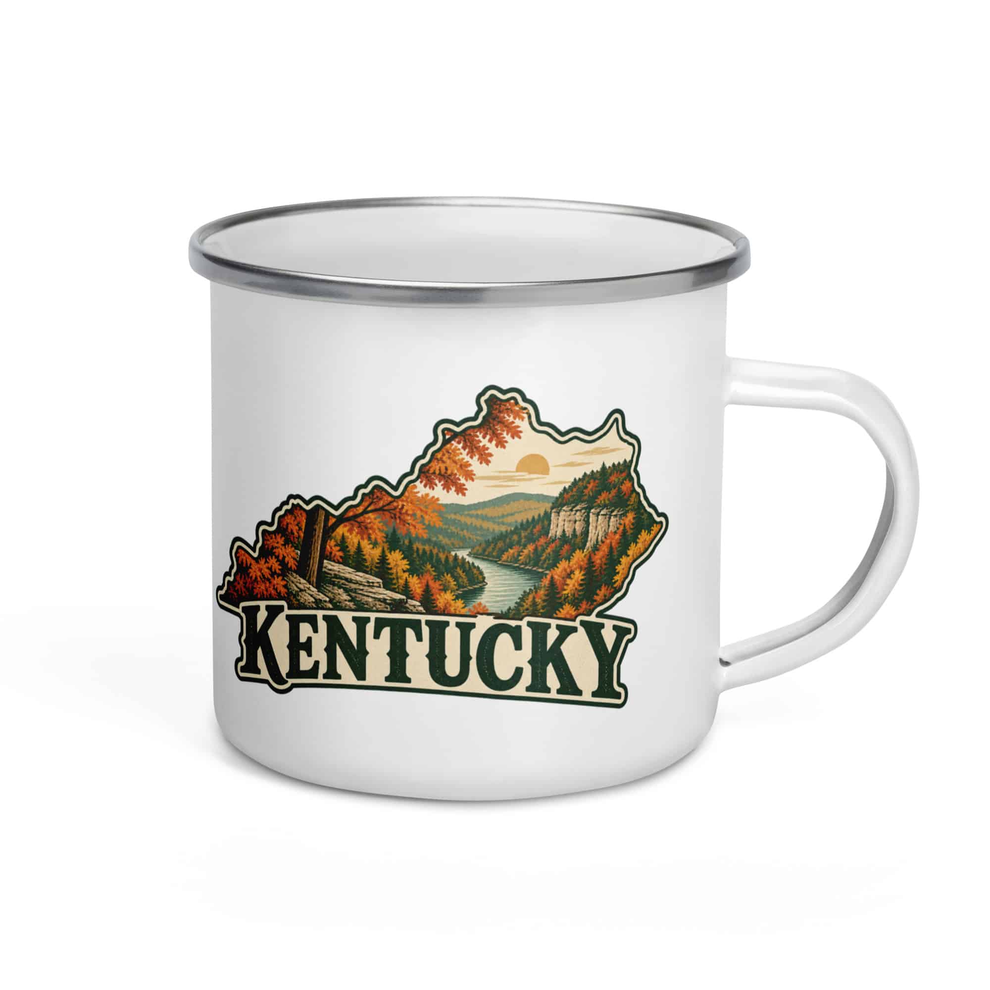 Kentucky Enamel Camp Mug: Autumn woodland, Vintage Kentucky Silhouette