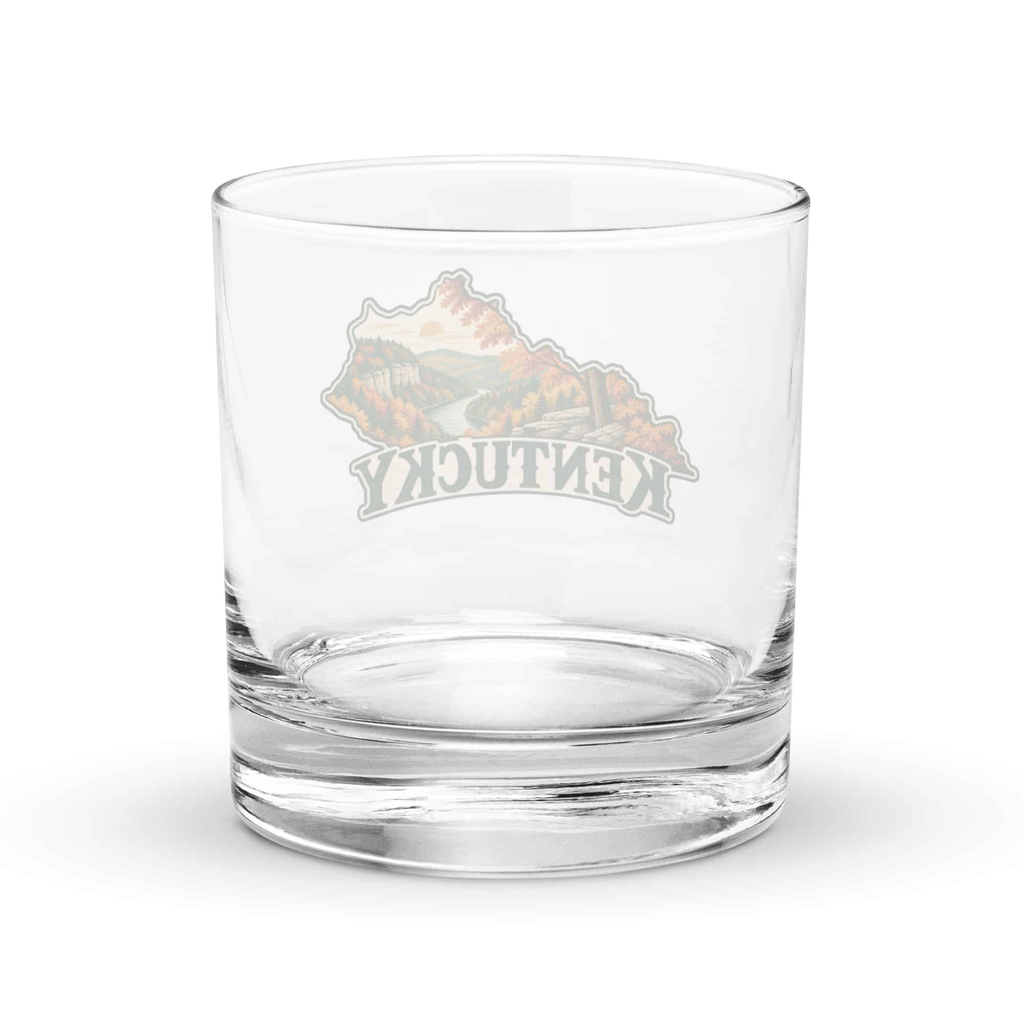 Kentucky Rocks Glass: Autumn woodland, Vintage Kentucky Silhouette
