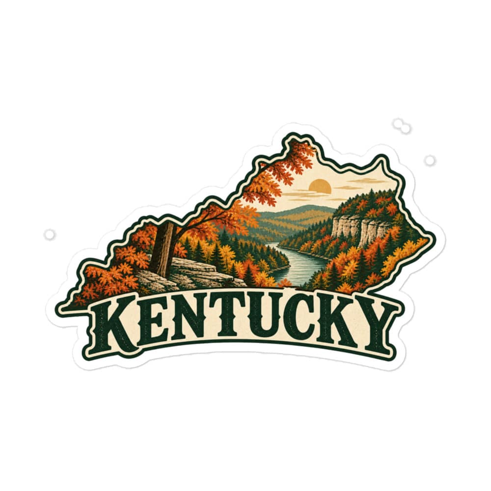 Kentucky Vinyl Sticker: Autumn woodland, Vintage Kentucky Silhouette