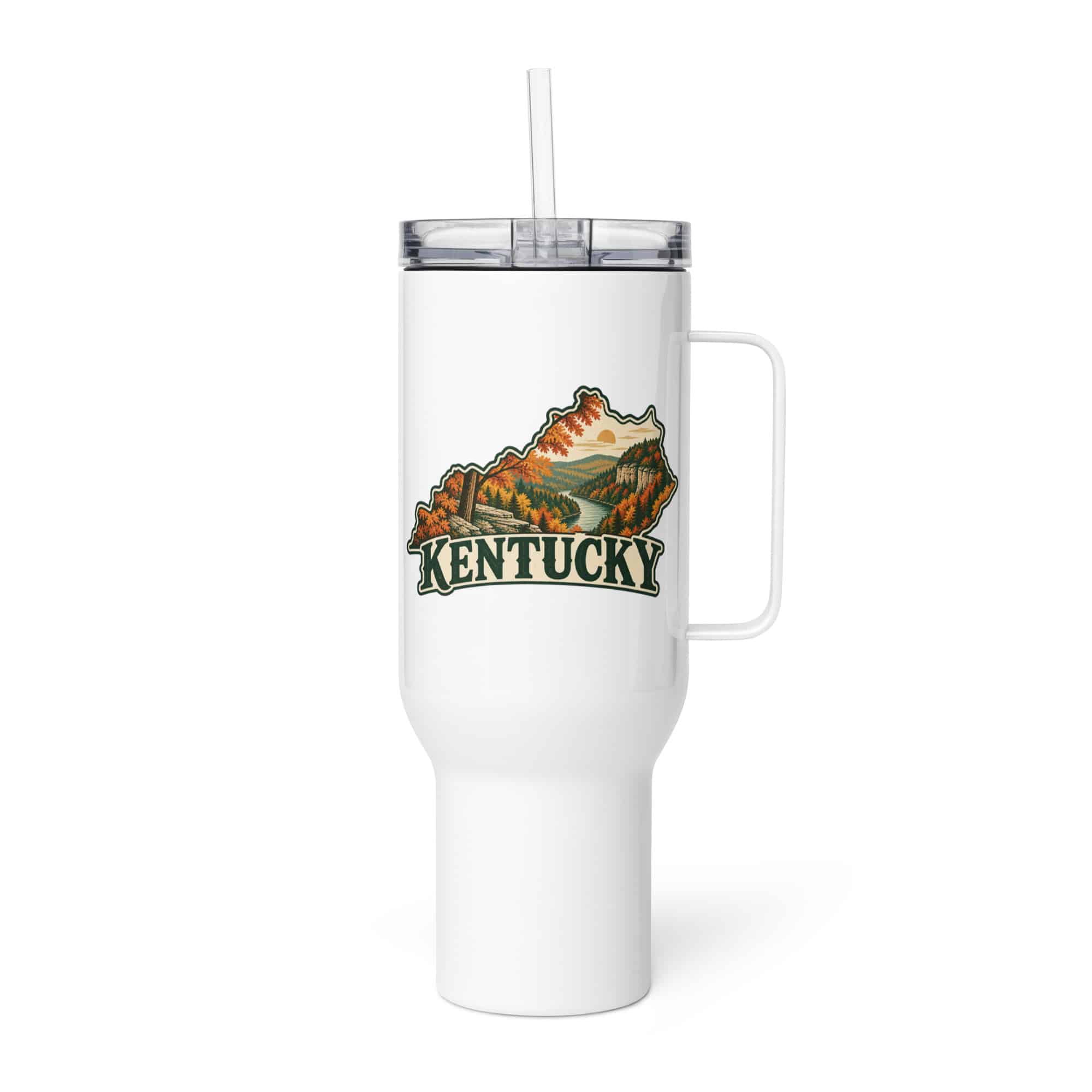 Kentucky Travel Mug: Autumn woodland, Vintage Kentucky Silhouette