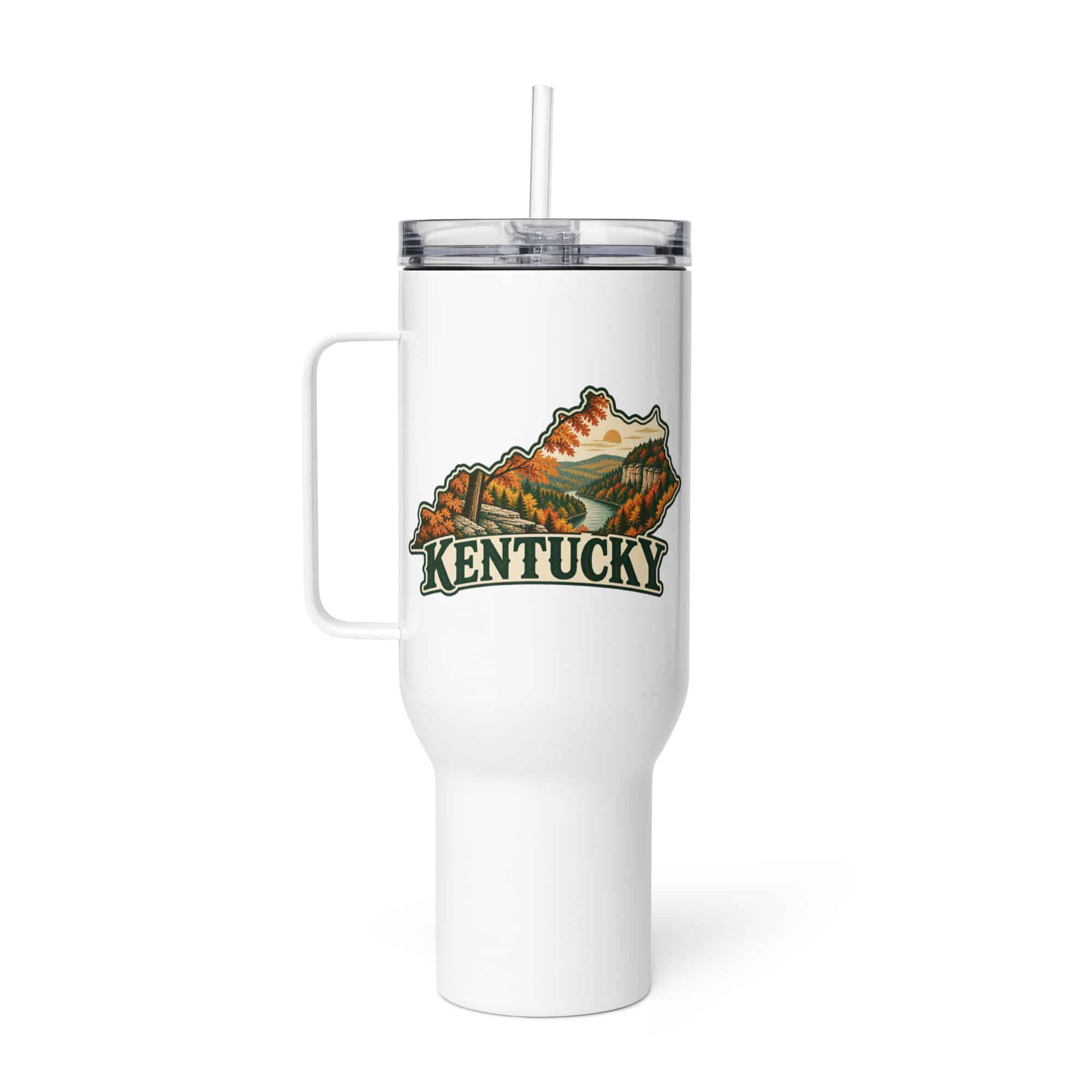 Kentucky Travel Mug: Autumn woodland, Vintage Kentucky Silhouette