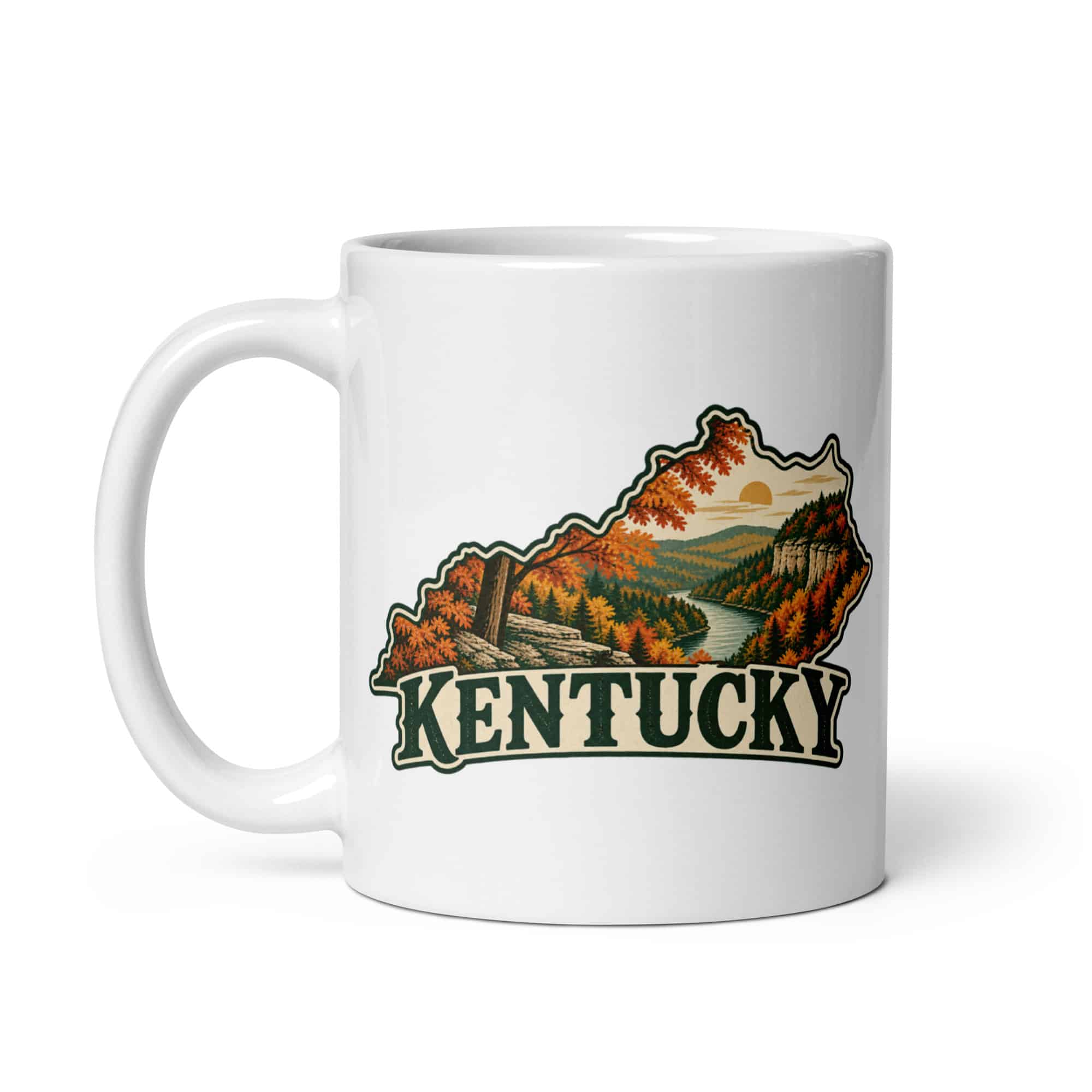Kentucky White Ceramic Coffee Mug: Autumn woodland, Vintage Kentucky Silhouette