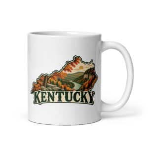 Kentucky White Ceramic Coffee Mug: Autumn woodland, Vintage Kentucky Silhouette - 11 oz - Main