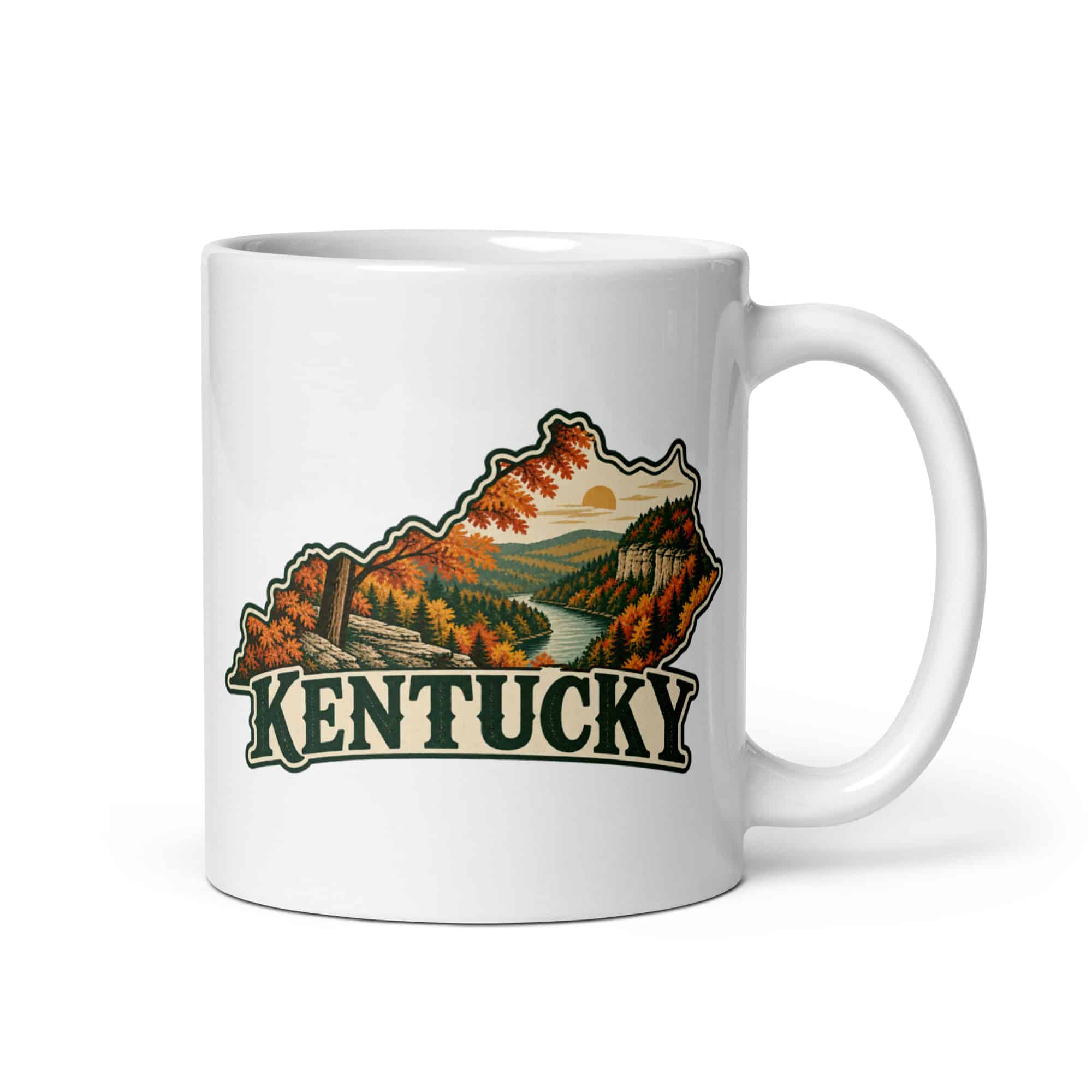Kentucky White Ceramic Coffee Mug: Autumn woodland, Vintage Kentucky Silhouette