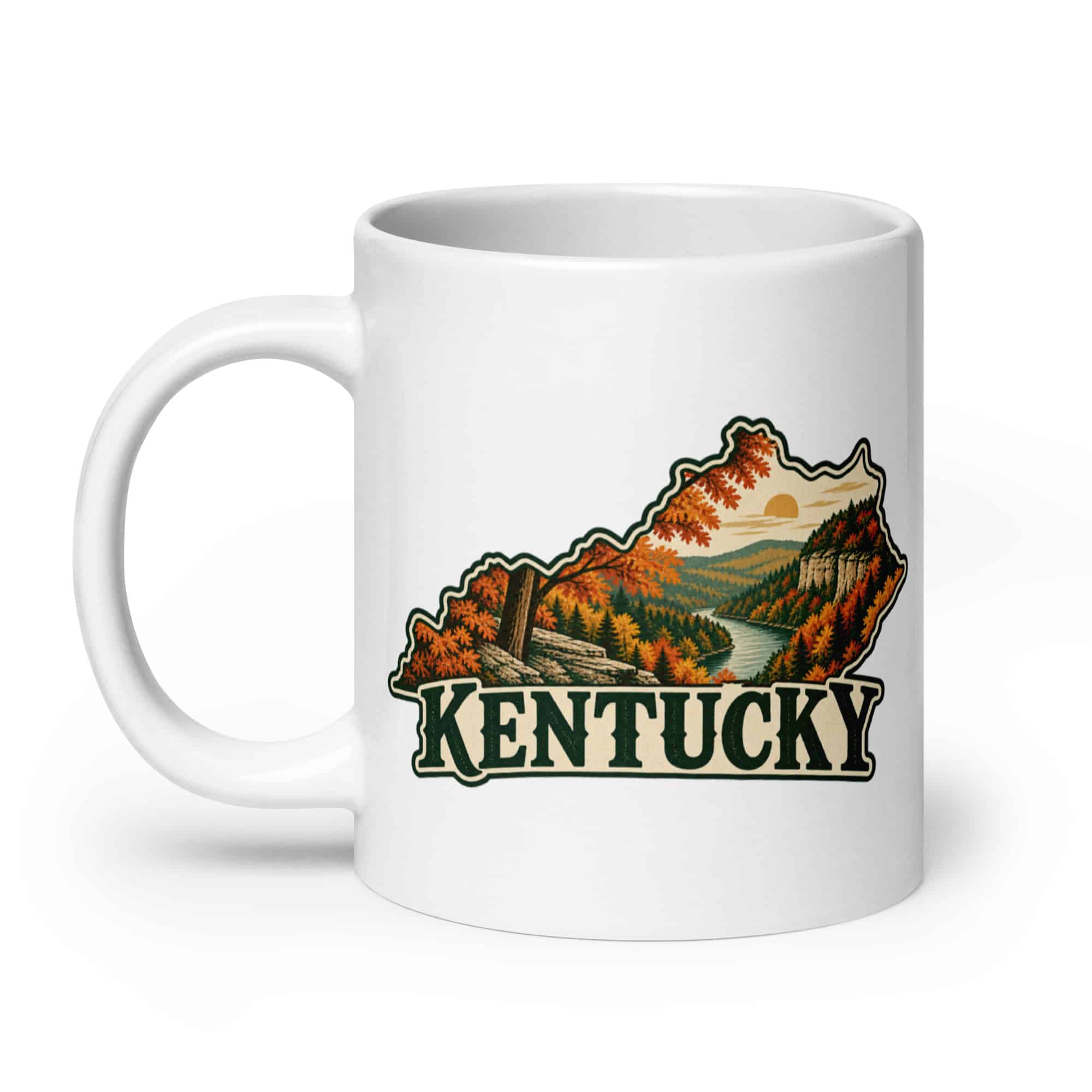 Kentucky White Ceramic Coffee Mug: Autumn woodland, Vintage Kentucky Silhouette