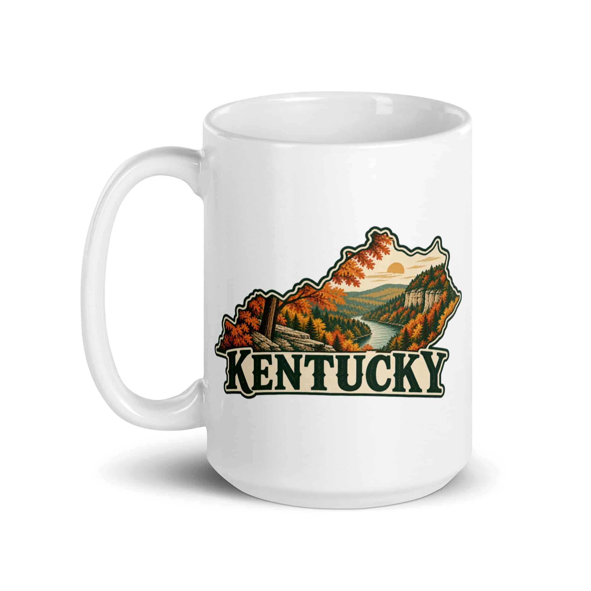 Kentucky White Ceramic Coffee Mug: Autumn woodland, Vintage Kentucky Silhouette