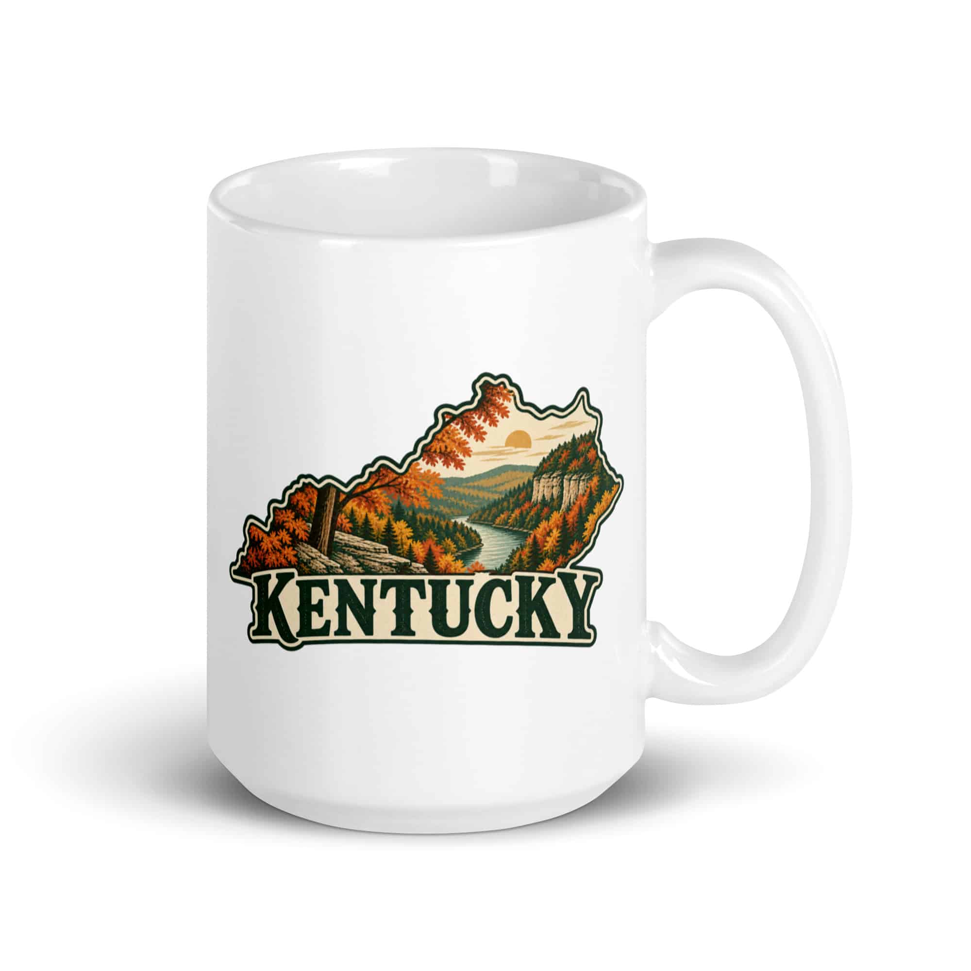 Kentucky White Ceramic Coffee Mug: Autumn woodland, Vintage Kentucky Silhouette