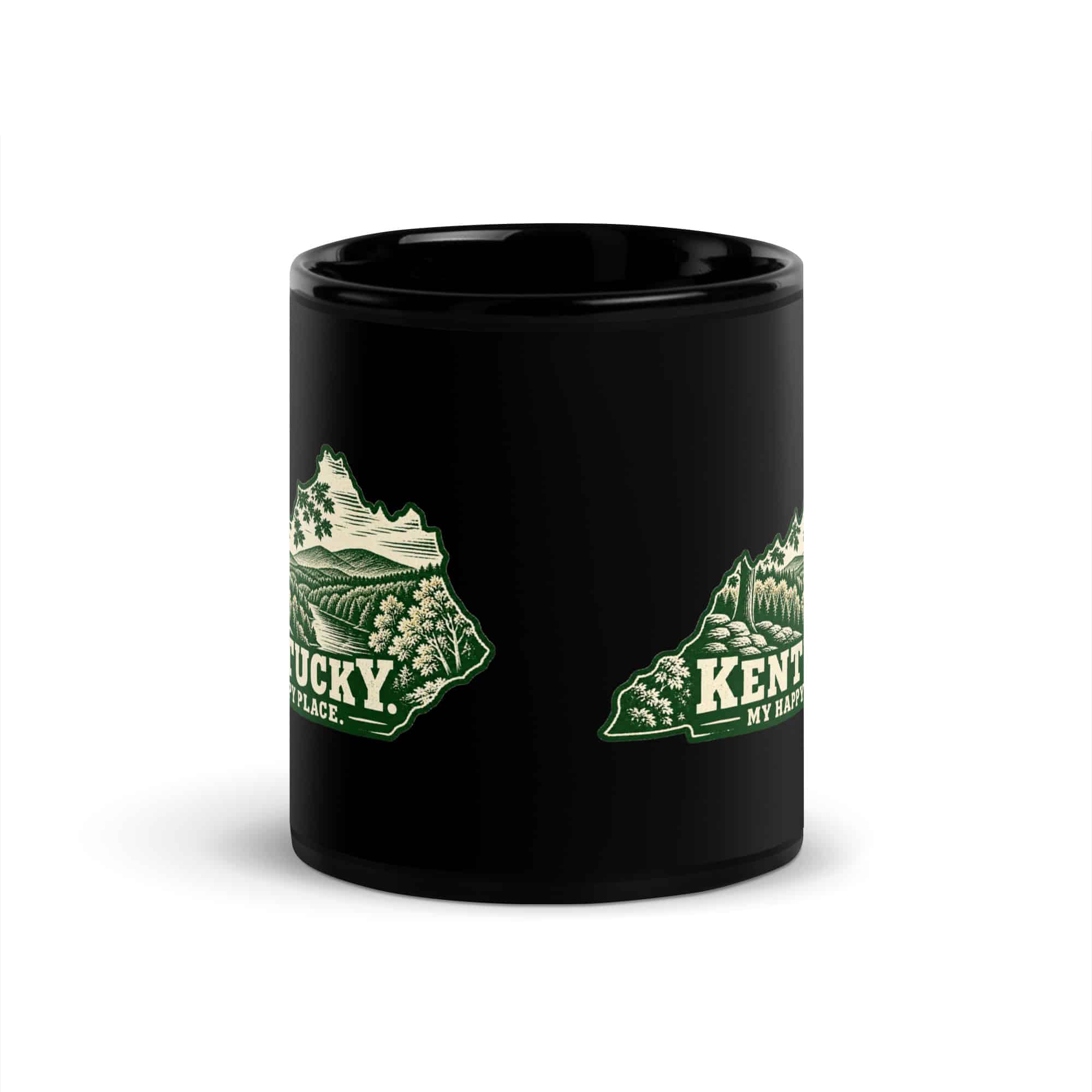 Kentucky Black Coffee Mug: Autumn woodland, Woodcut Kentucky Silhouette