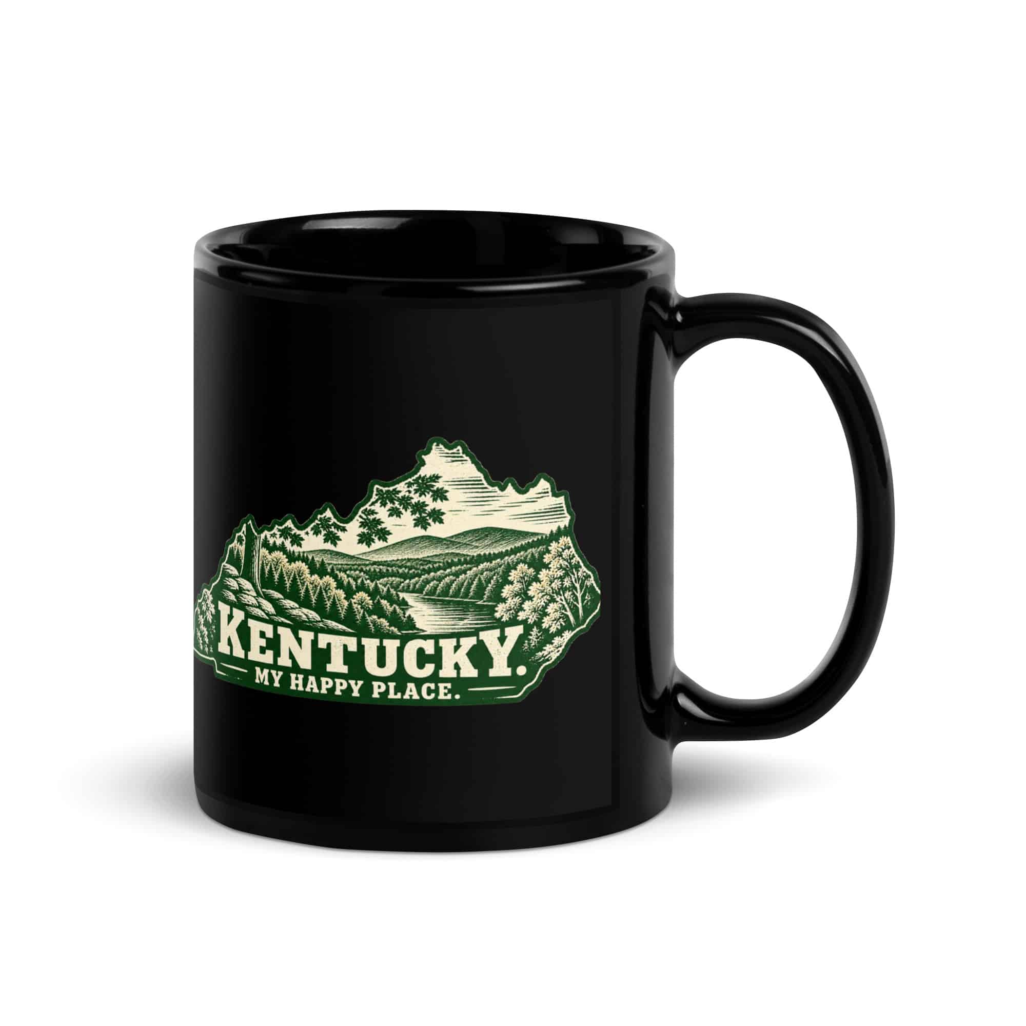Kentucky Black Coffee Mug: Autumn woodland, Woodcut Kentucky Silhouette