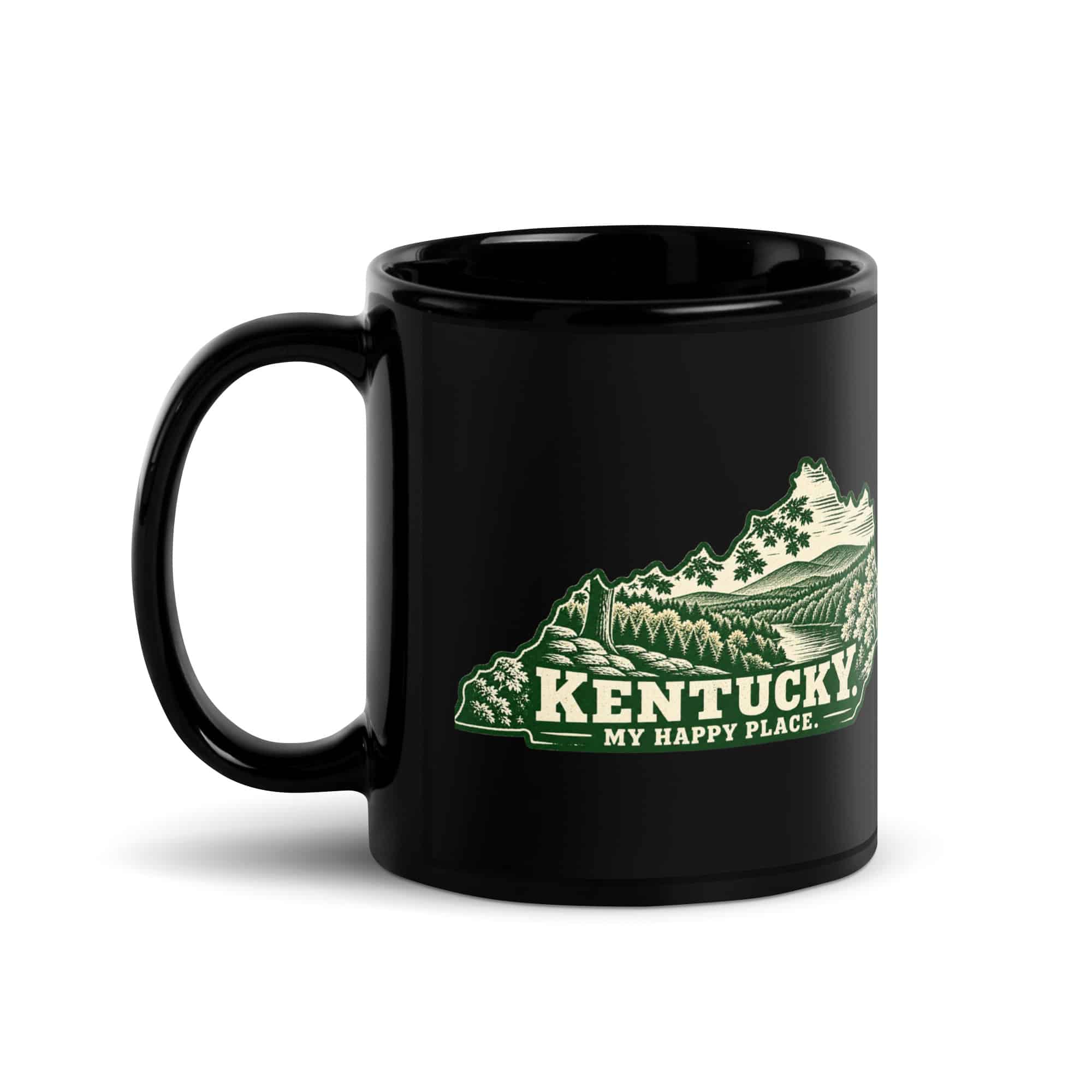 Kentucky Black Coffee Mug: Autumn woodland, Woodcut Kentucky Silhouette